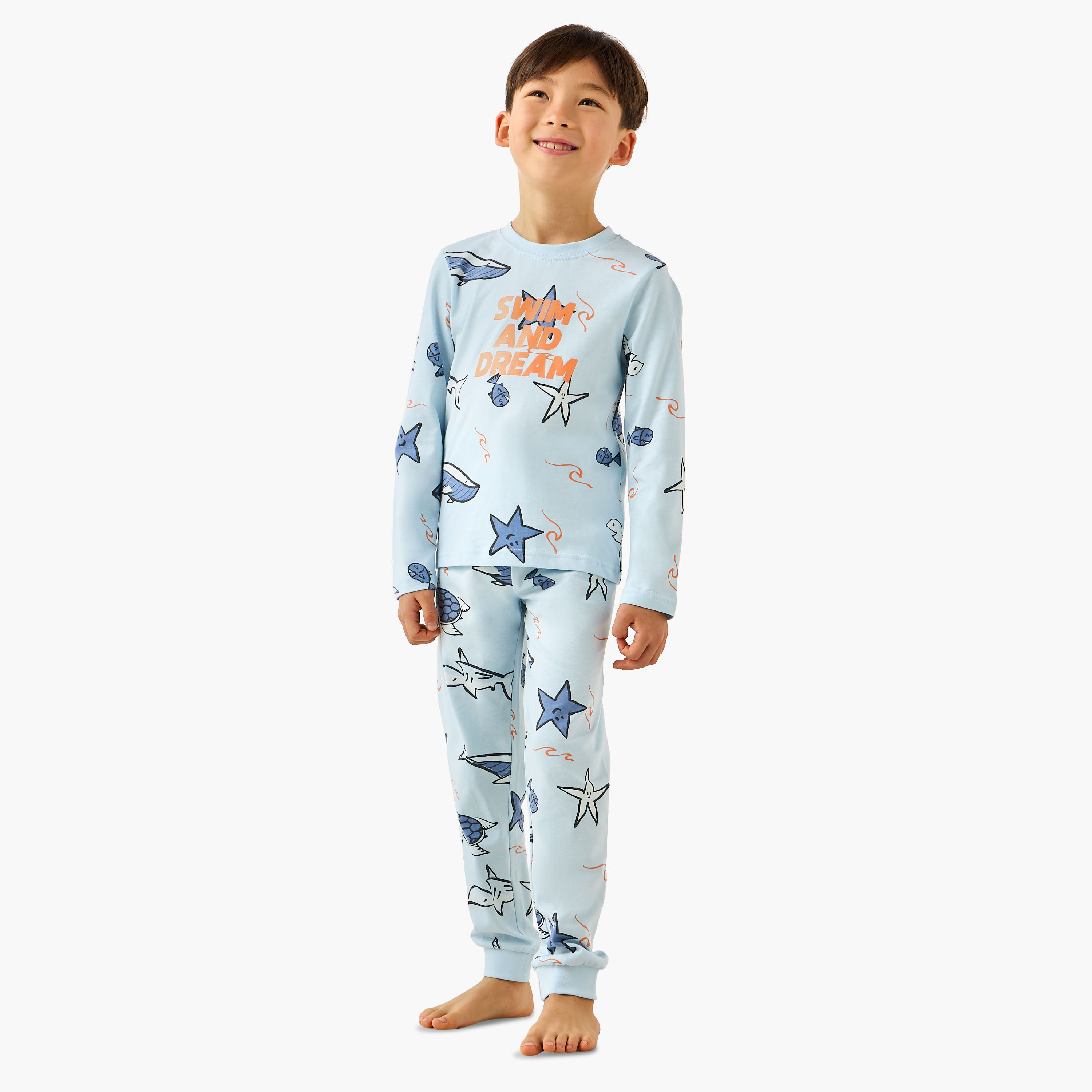 Juniors Cotton Crew Neck Long Sleeves Pyjama Set with Underwater Print-boys-clothing-nightwear-image-1