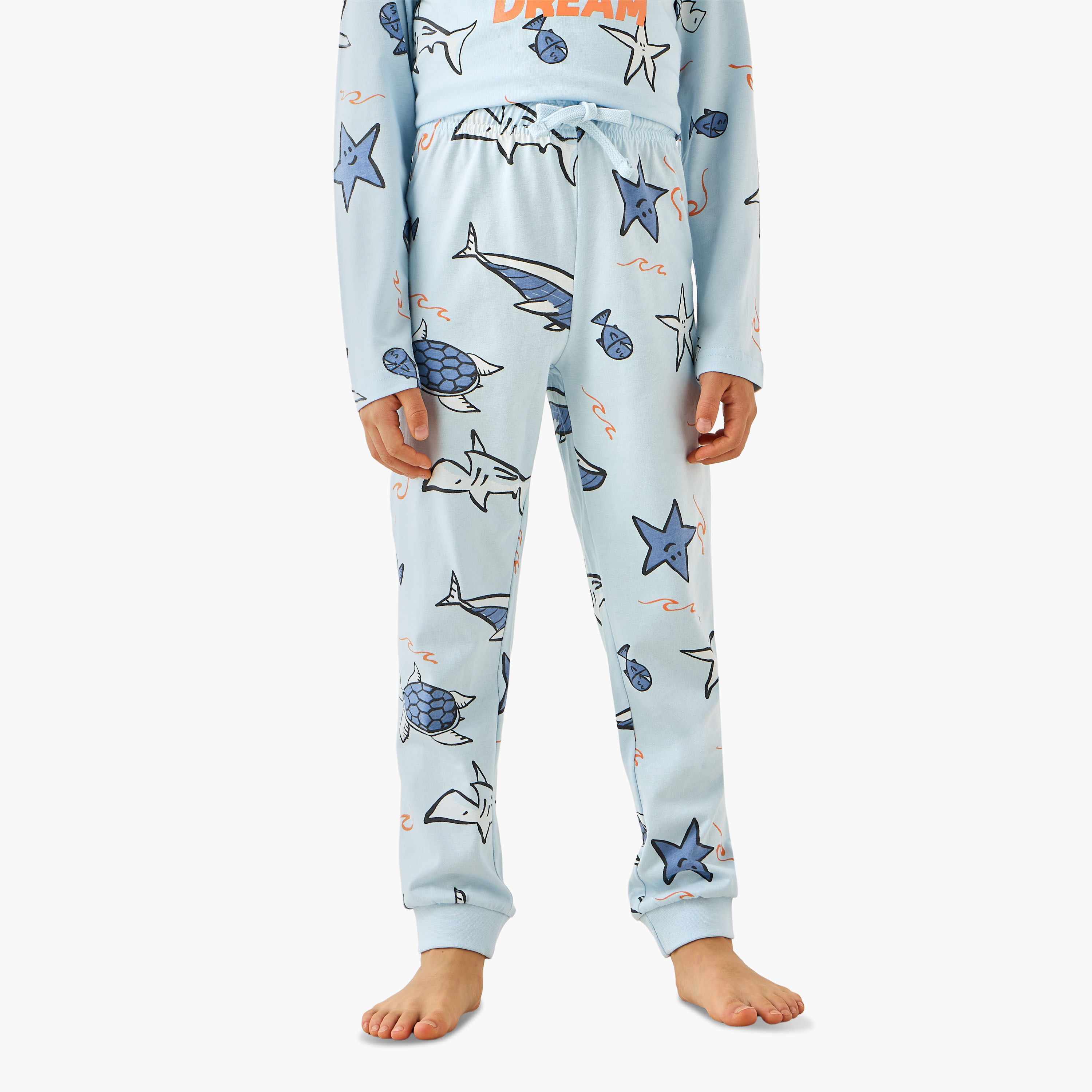 Juniors Cotton Crew Neck Long Sleeves Pyjama Set with Underwater Print-boys-clothing-nightwear-image-3