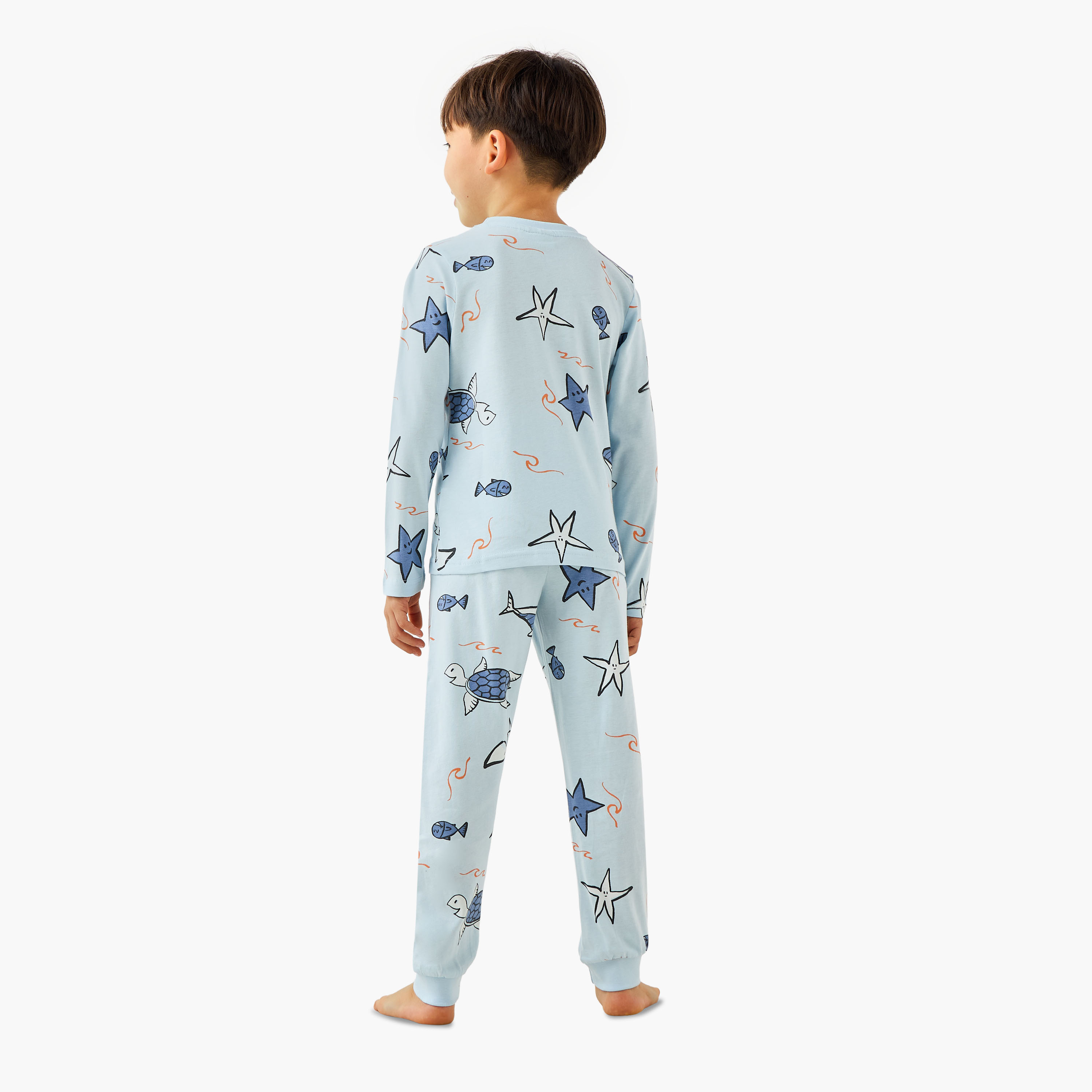 Juniors Cotton Crew Neck Long Sleeves Pyjama Set with Underwater Print-boys-clothing-nightwear-image-4