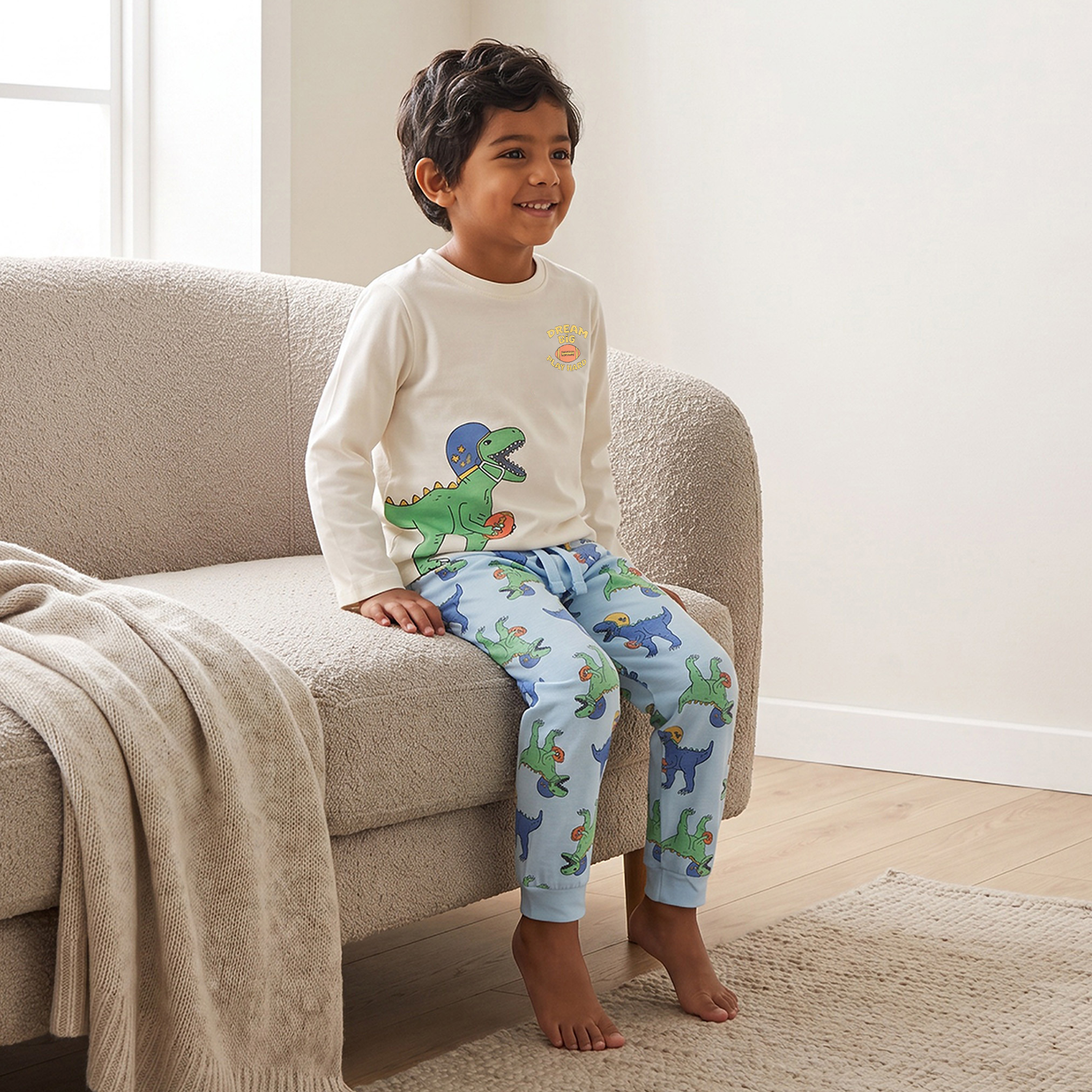 Juniors Cotton Crew Neck Long Sleeves Pyjama Set with Dinosaur Print-boys-clothing-nightwear-image-1