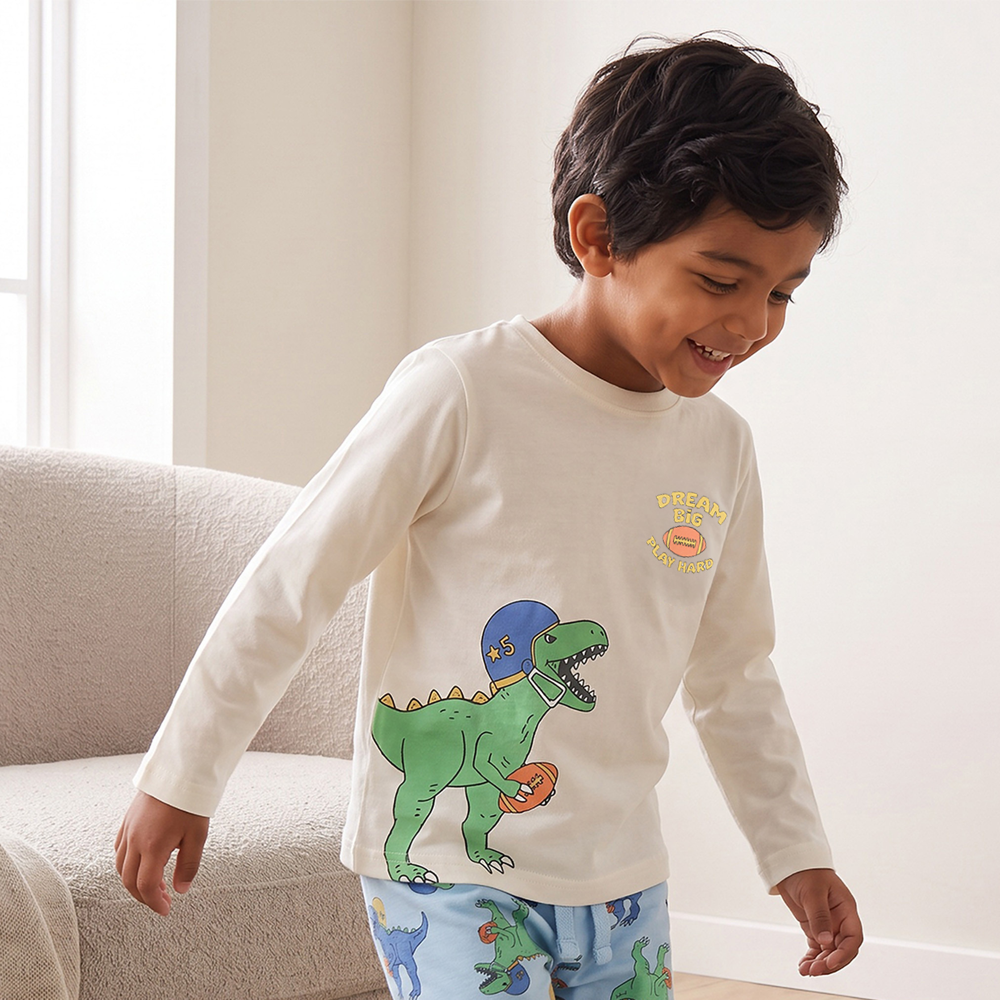 Juniors Cotton Crew Neck Long Sleeves Pyjama Set with Dinosaur Print-boys-clothing-nightwear-image-2