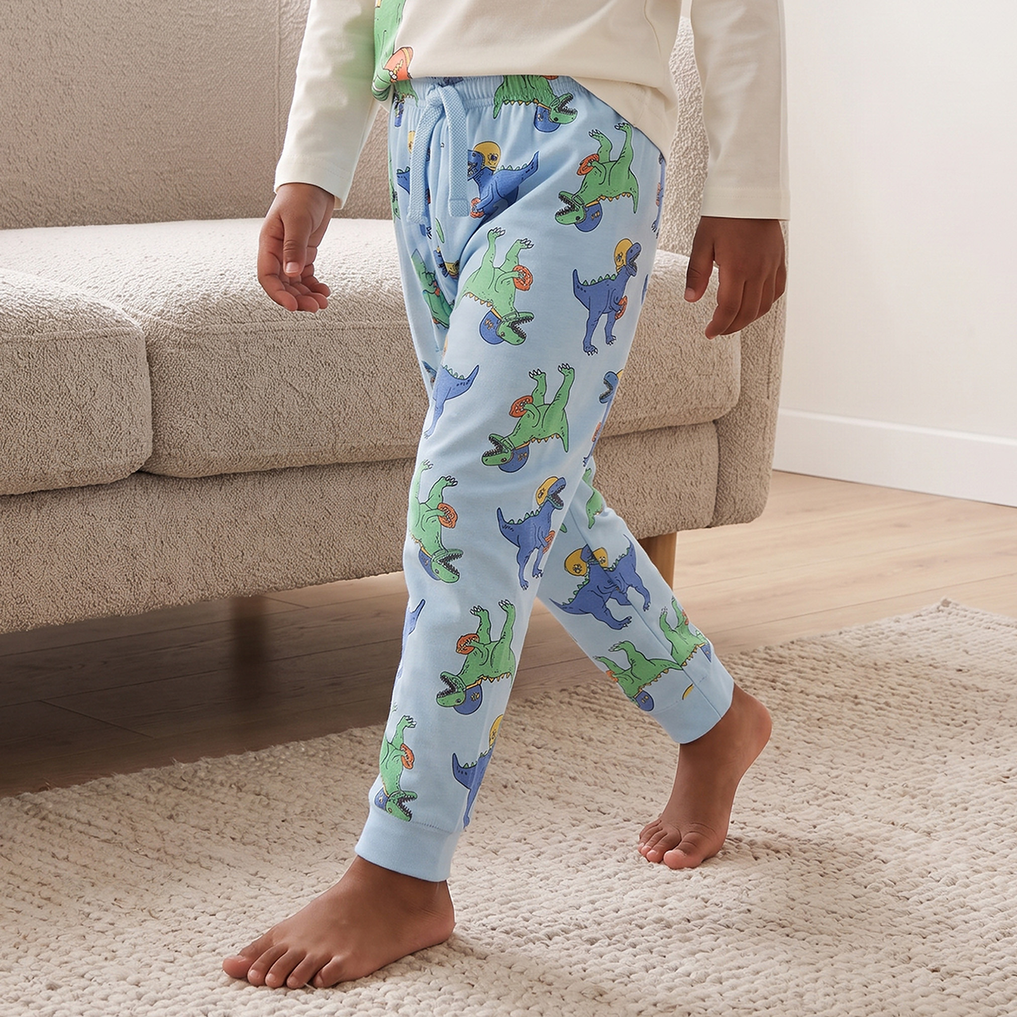 Juniors Cotton Crew Neck Long Sleeves Pyjama Set with Dinosaur Print-boys-clothing-nightwear-image-3