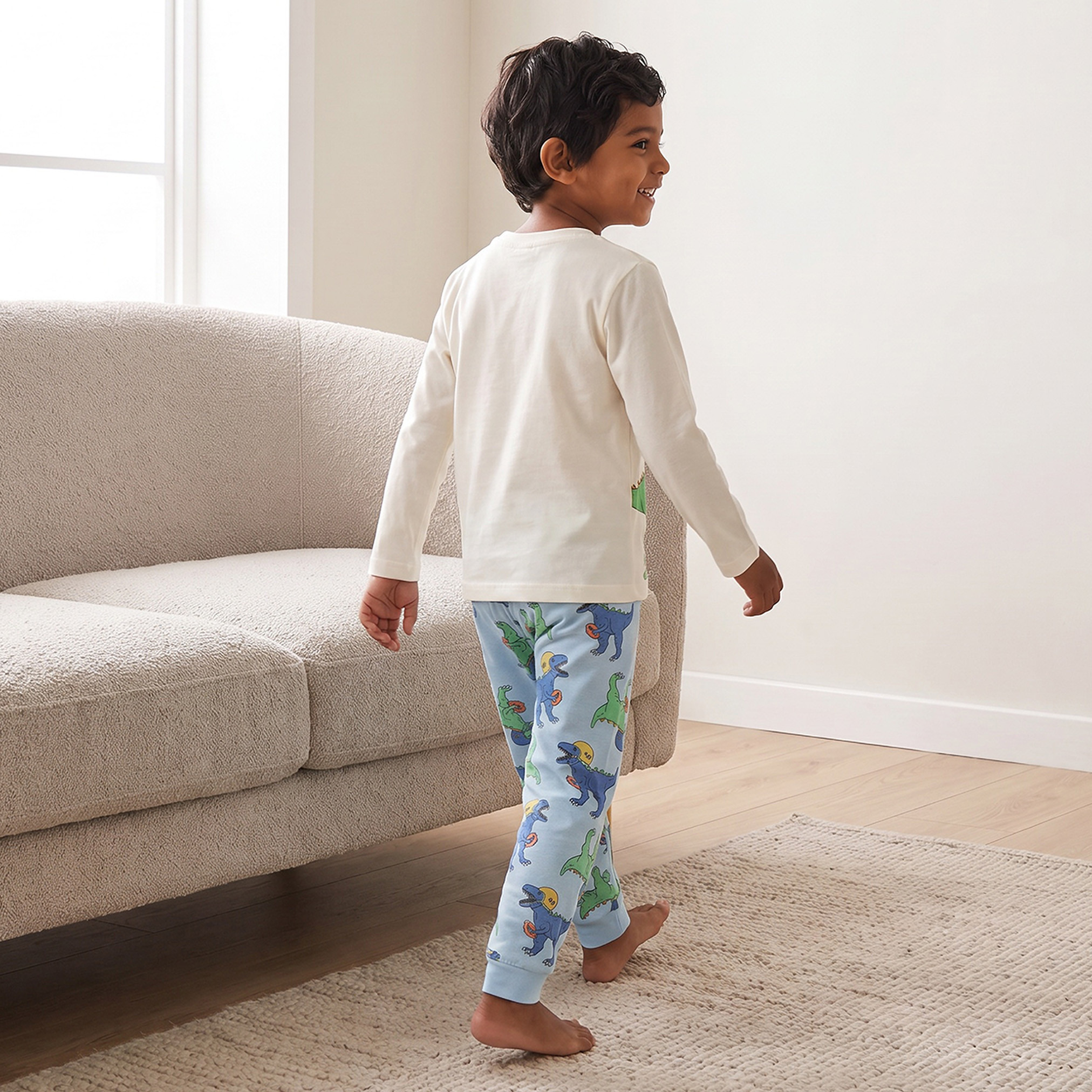 Juniors Cotton Crew Neck Long Sleeves Pyjama Set with Dinosaur Print-boys-clothing-nightwear-image-4