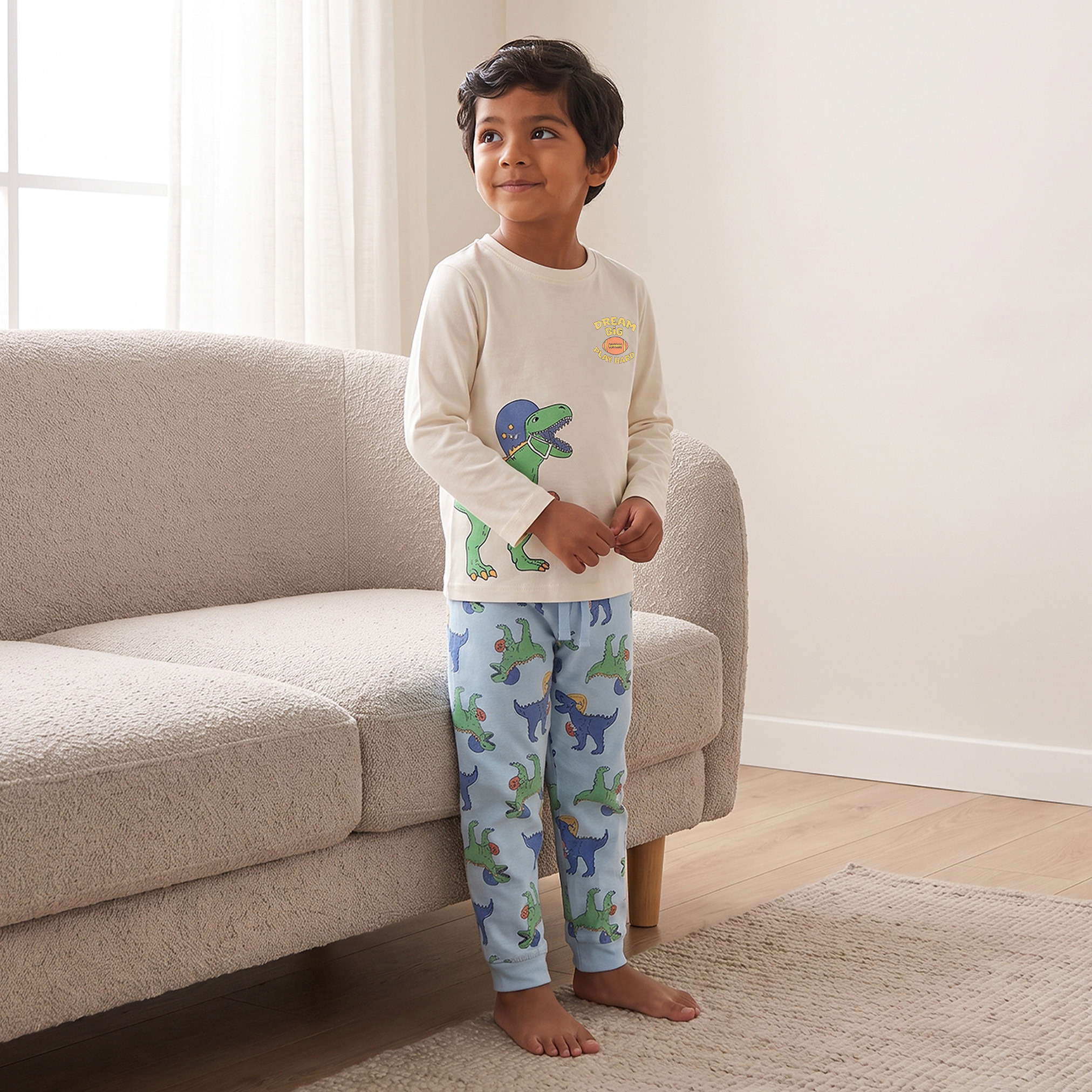 Juniors Cotton Crew Neck Long Sleeves Pyjama Set with Dinosaur Print-boys-clothing-nightwear-image-7