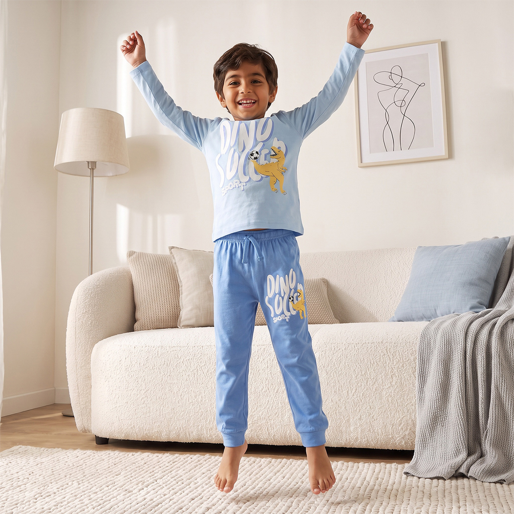 Juniors Cotton Crew Neck Long Sleeves Pyjama Set with Dinosaur Print-boys-clothing-nightwear-image-1