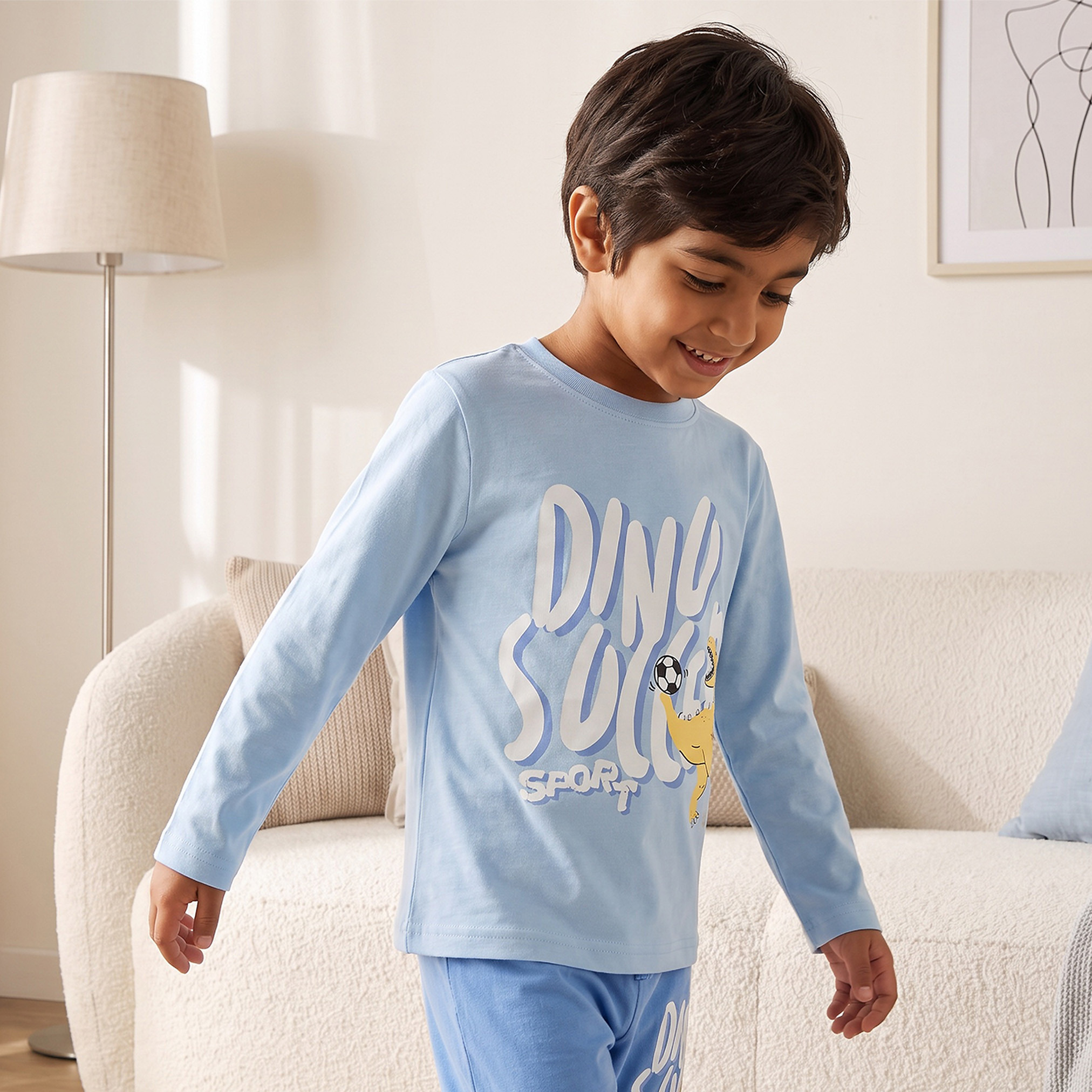 Juniors Cotton Crew Neck Long Sleeves Pyjama Set with Dinosaur Print-boys-clothing-nightwear-image-2