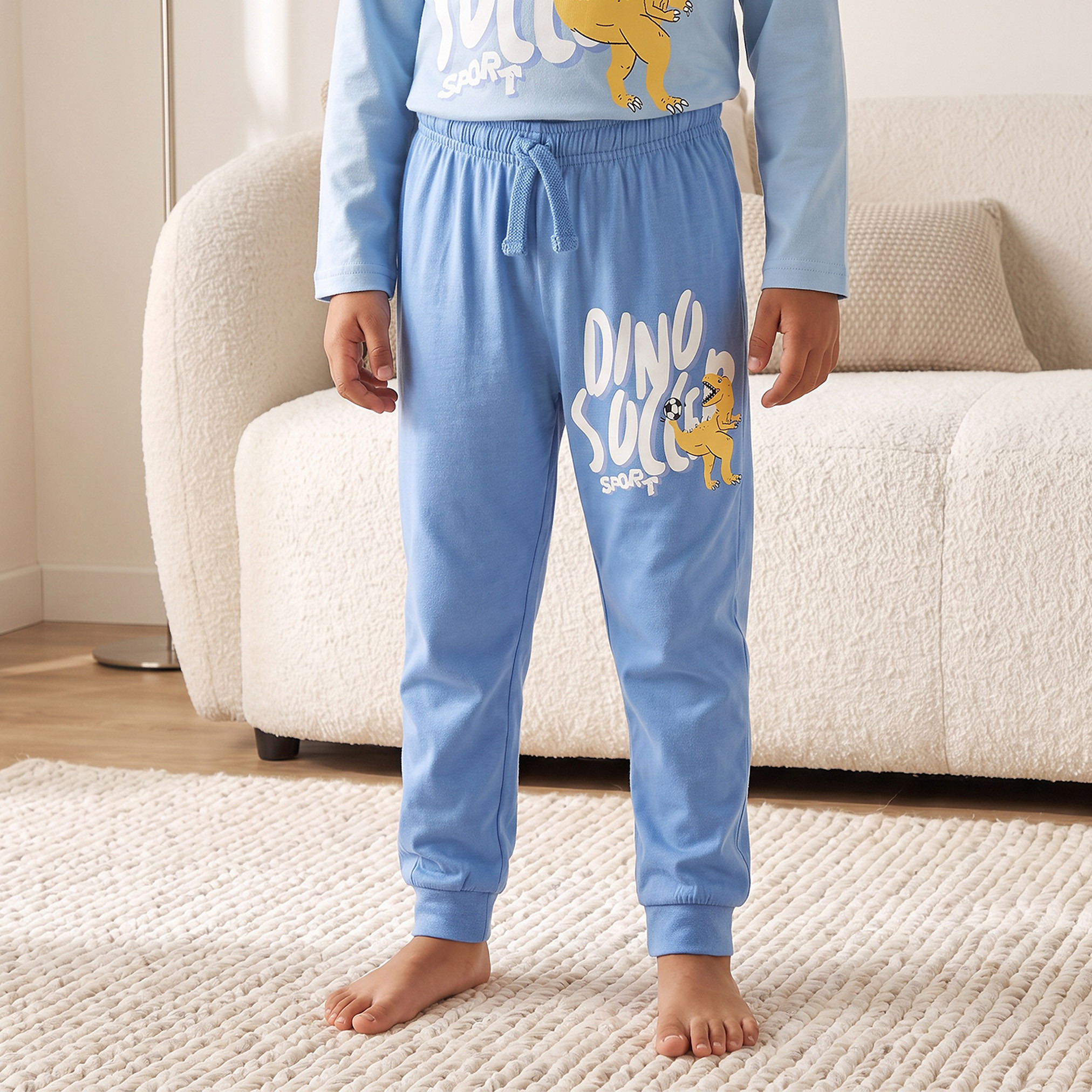 Juniors Cotton Crew Neck Long Sleeves Pyjama Set with Dinosaur Print-boys-clothing-nightwear-image-3