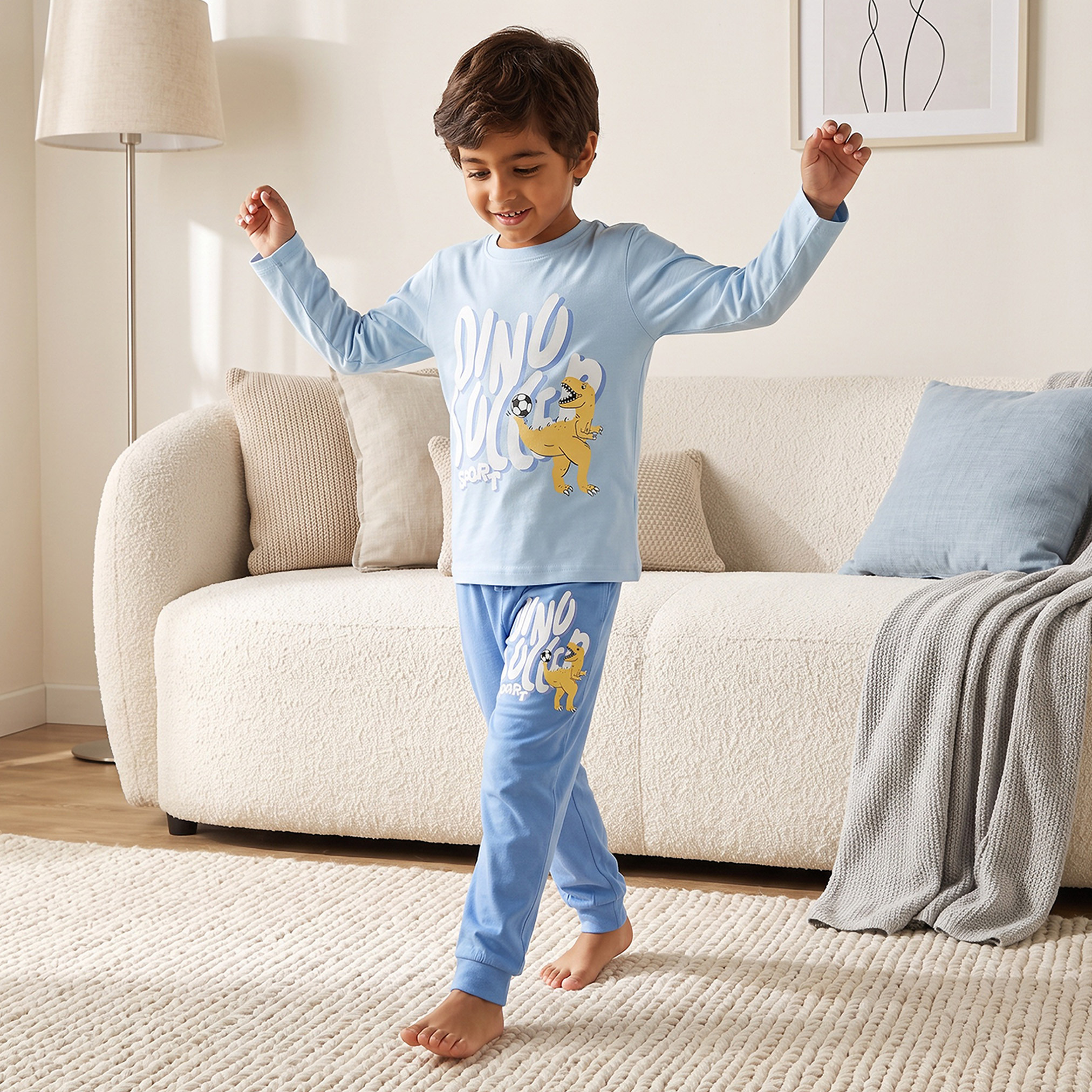 Juniors Cotton Crew Neck Long Sleeves Pyjama Set with Dinosaur Print-boys-clothing-nightwear-image-7