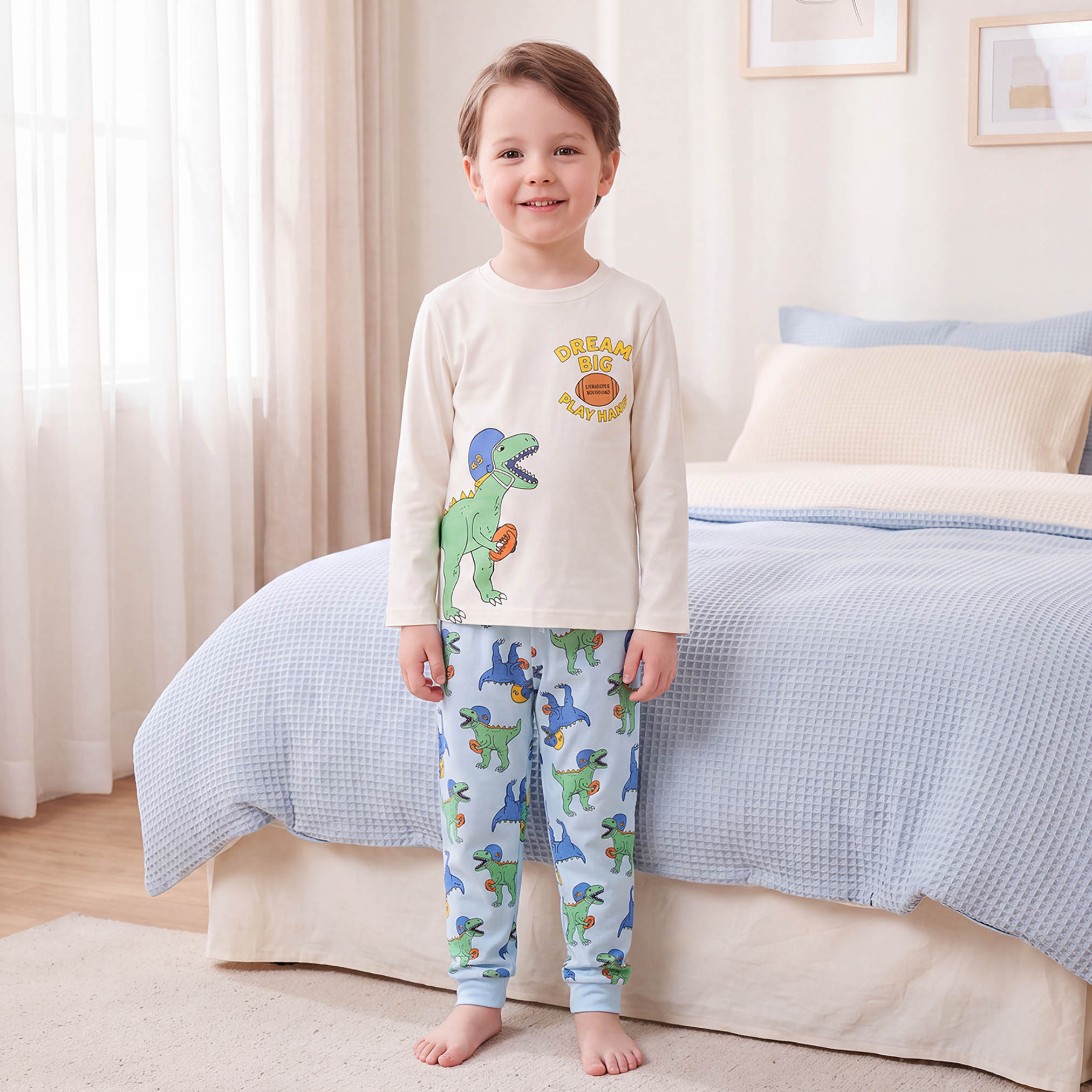 طقم بيجاما قطن بياقة ضيقة وأكمام طويلة بطبعات ديناصور من جونيورز - عبوة من 3 قطع-boys-clothing-nightwear-image-5