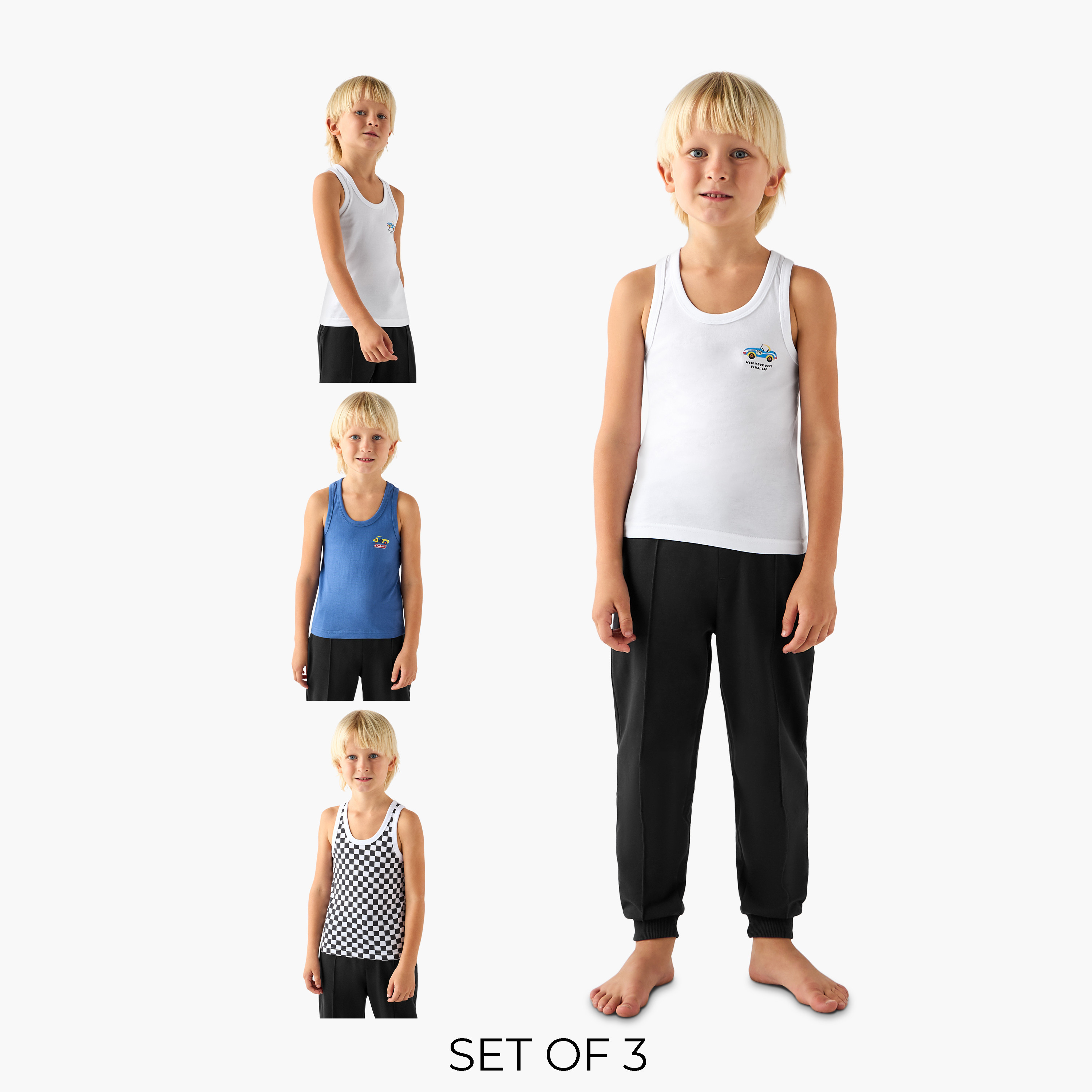 Pack of 3 Juniors Cotton Round Neck Vests with Car Print-boys-clothing-innerwear-vests-image-1