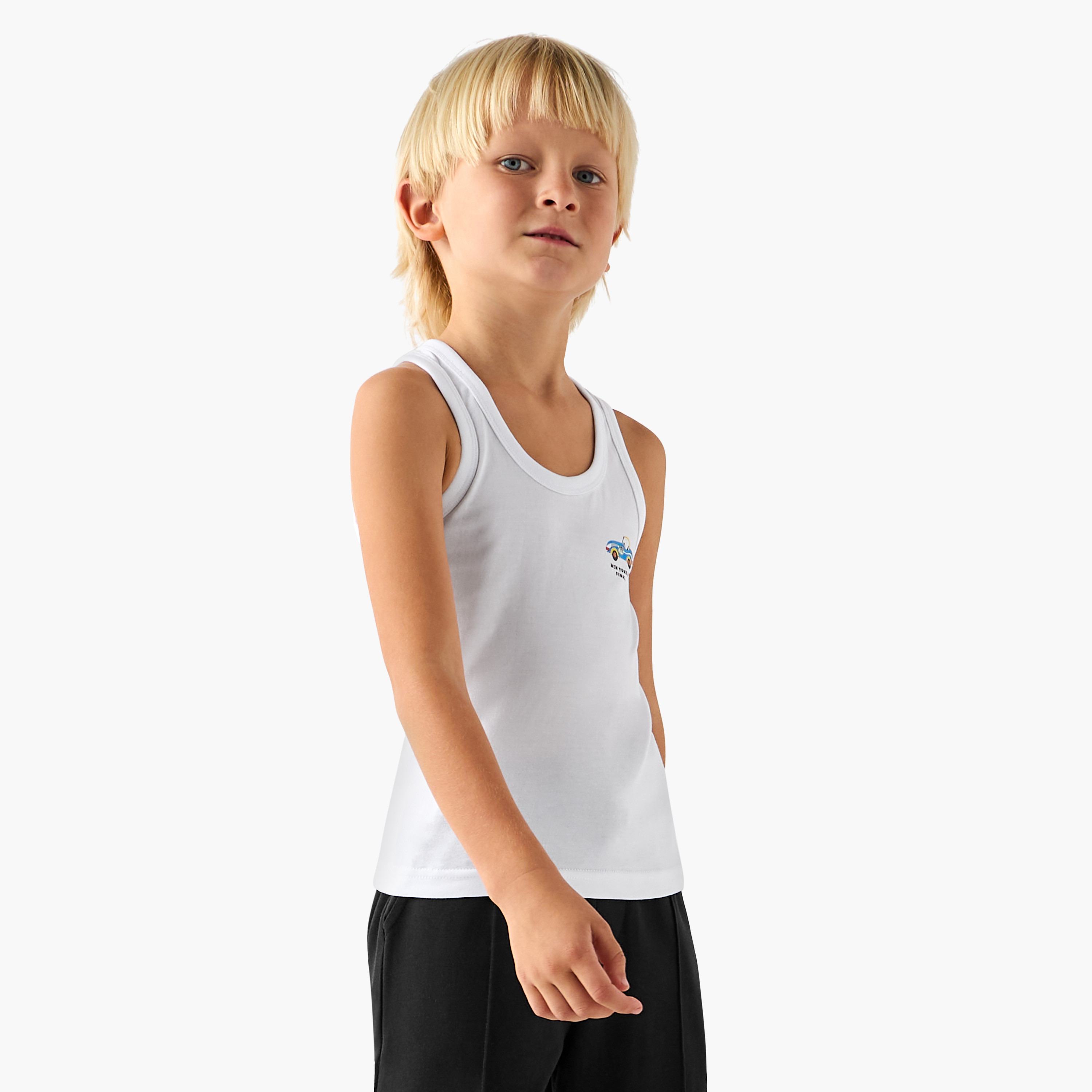 Pack of 3 Juniors Cotton Round Neck Vests with Car Print-boys-clothing-innerwear-vests-image-4