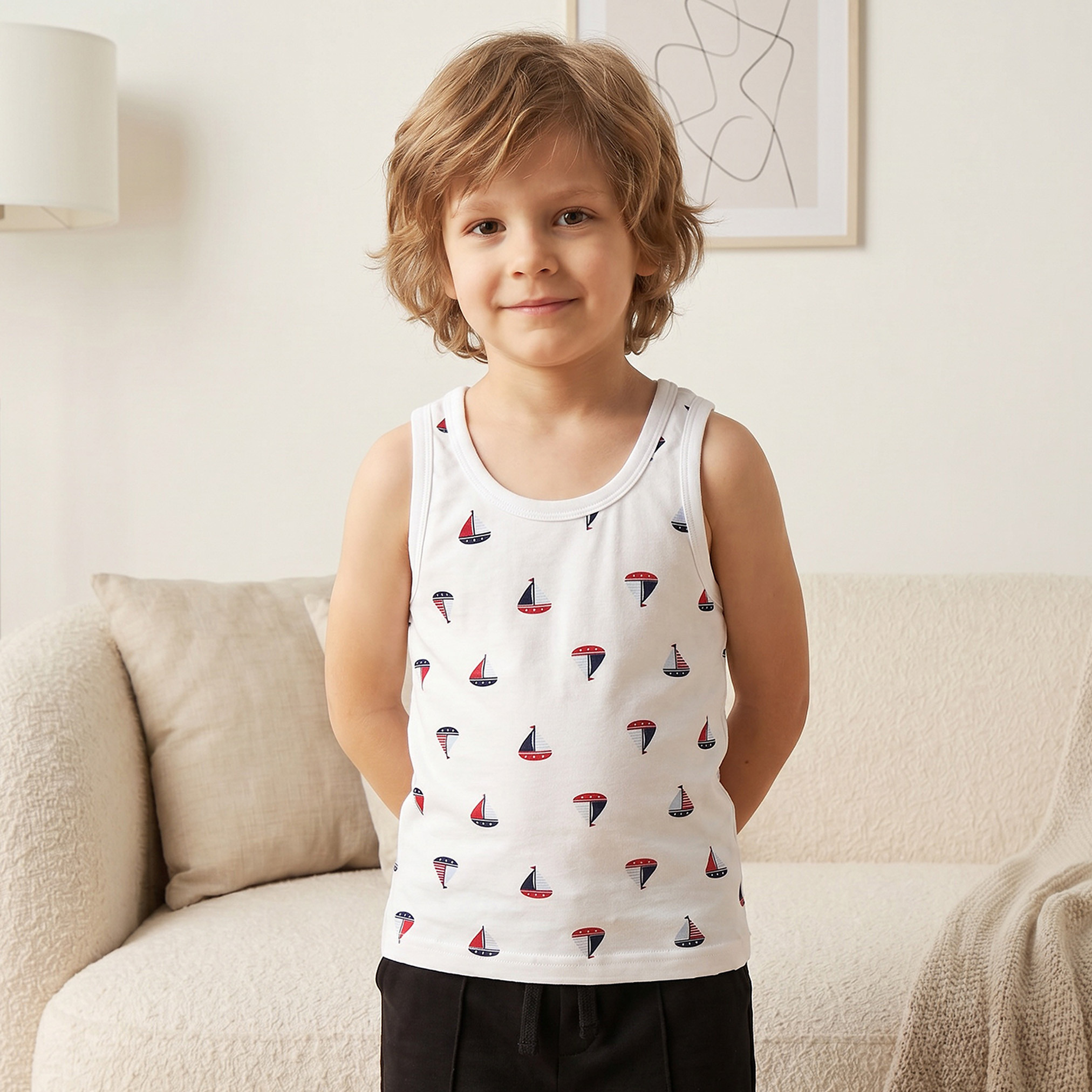 طقم قطن فيست بياقة مستديرة وبنطلون بيجاما بطبعات من جونيورز-baby-boys-clothing-innerwear-image-2