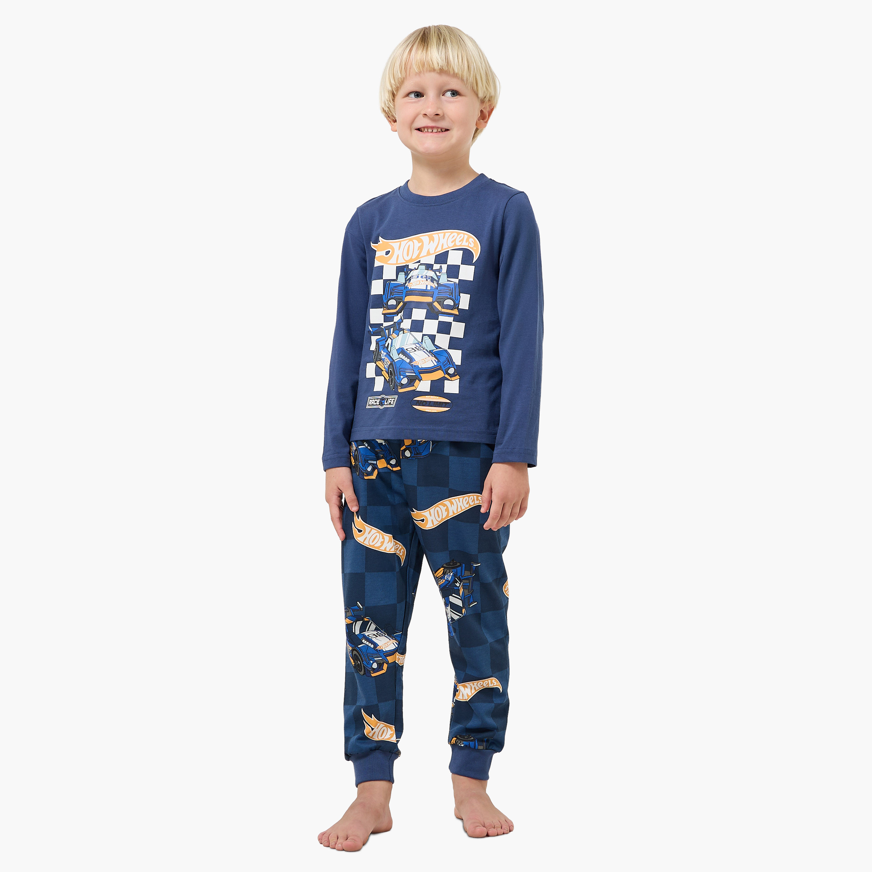 Cotton Crew Neck Long Sleeves Pyjama Set with Hot Wheels Print-baby-boys-clothing-nightwear-pyjamasets-image-1