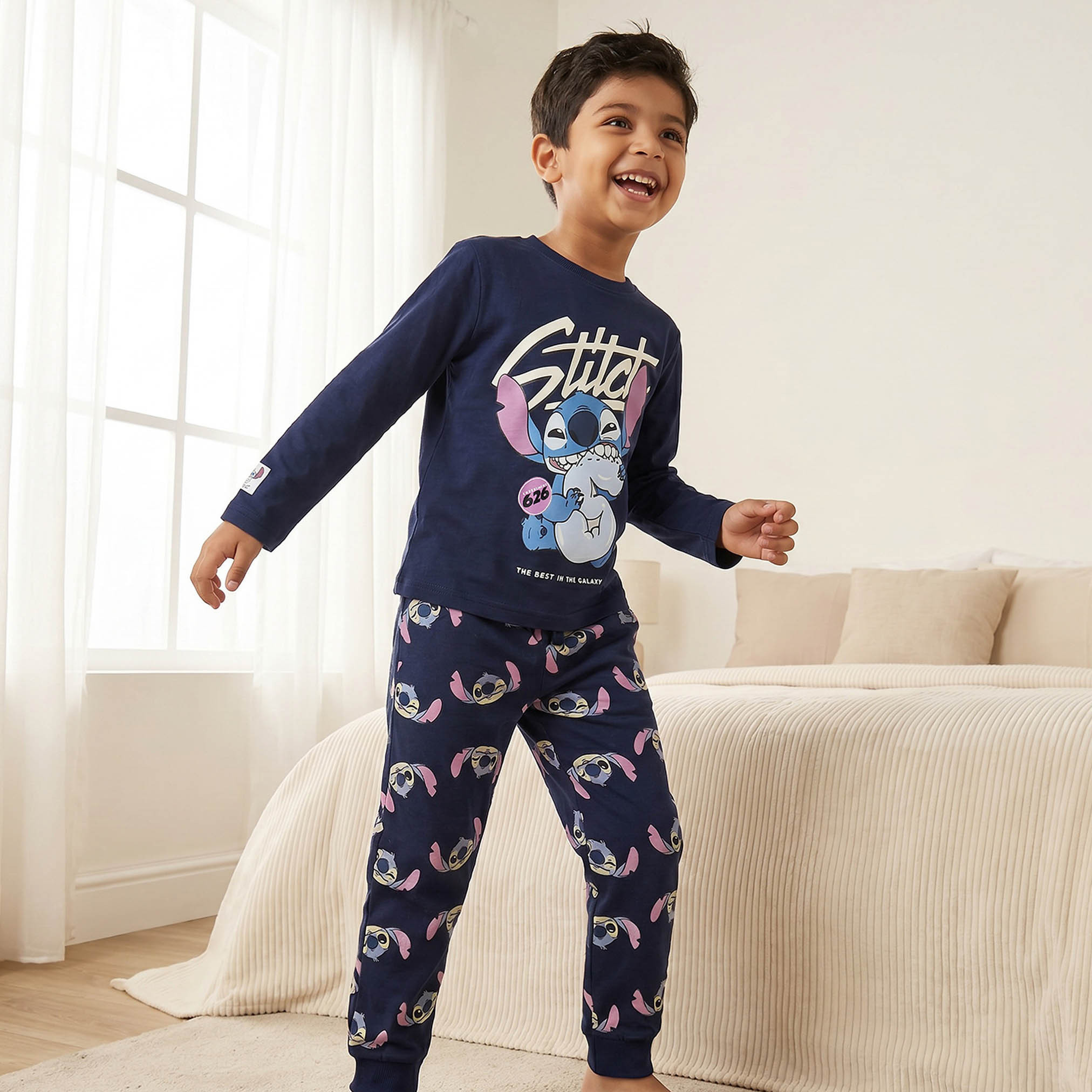 Disney Cotton Crew Neck Long Sleeves Pyjama Set with Stitch Print-boys-clothing-nightwear-image-1