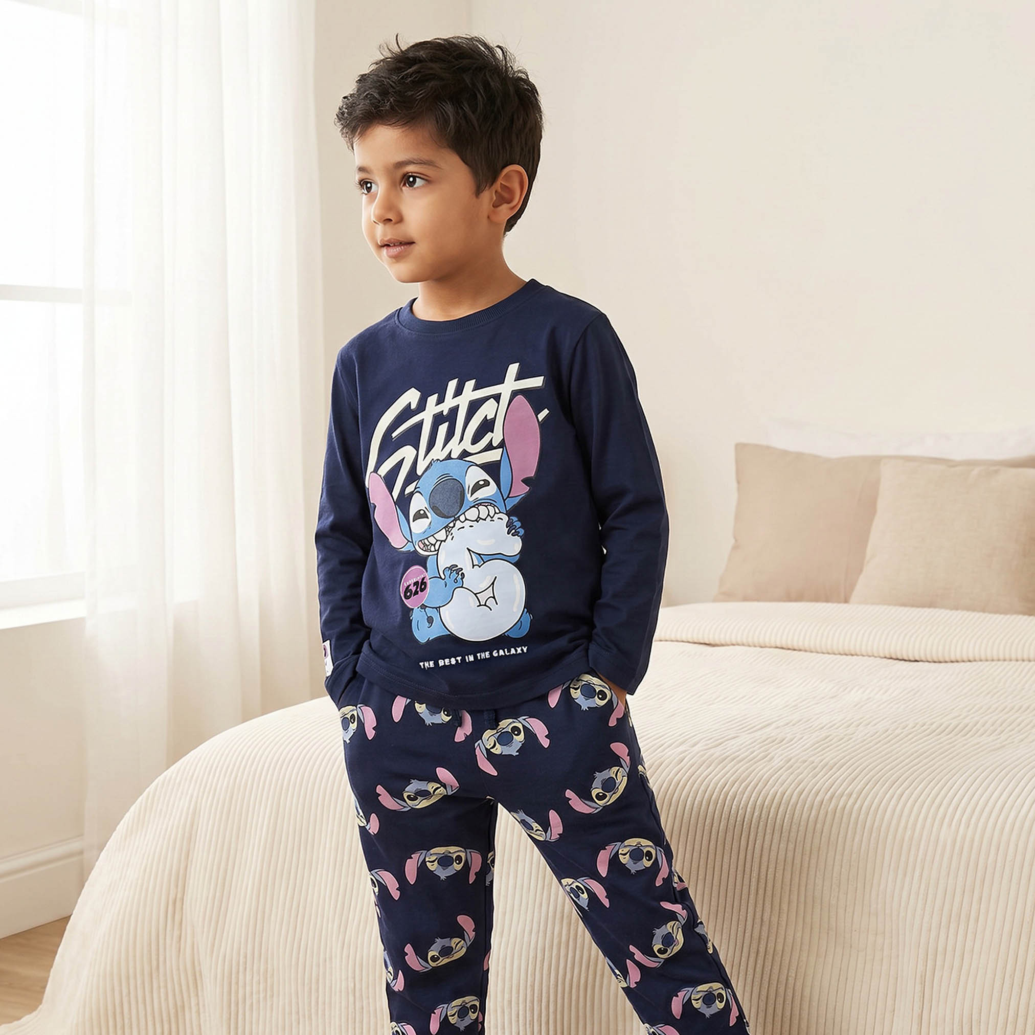 Disney Cotton Crew Neck Long Sleeves Pyjama Set with Stitch Print-boys-clothing-nightwear-image-2