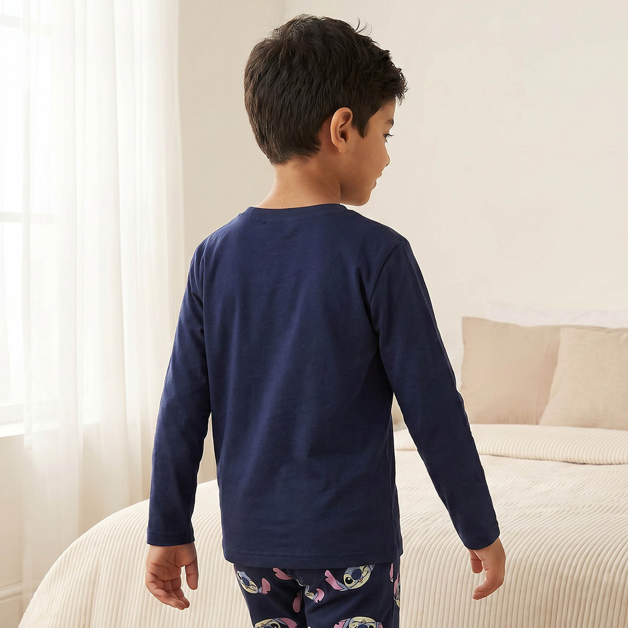 Disney Cotton Crew Neck Long Sleeves Pyjama Set with Stitch Print-boys-clothing-nightwear-image-4