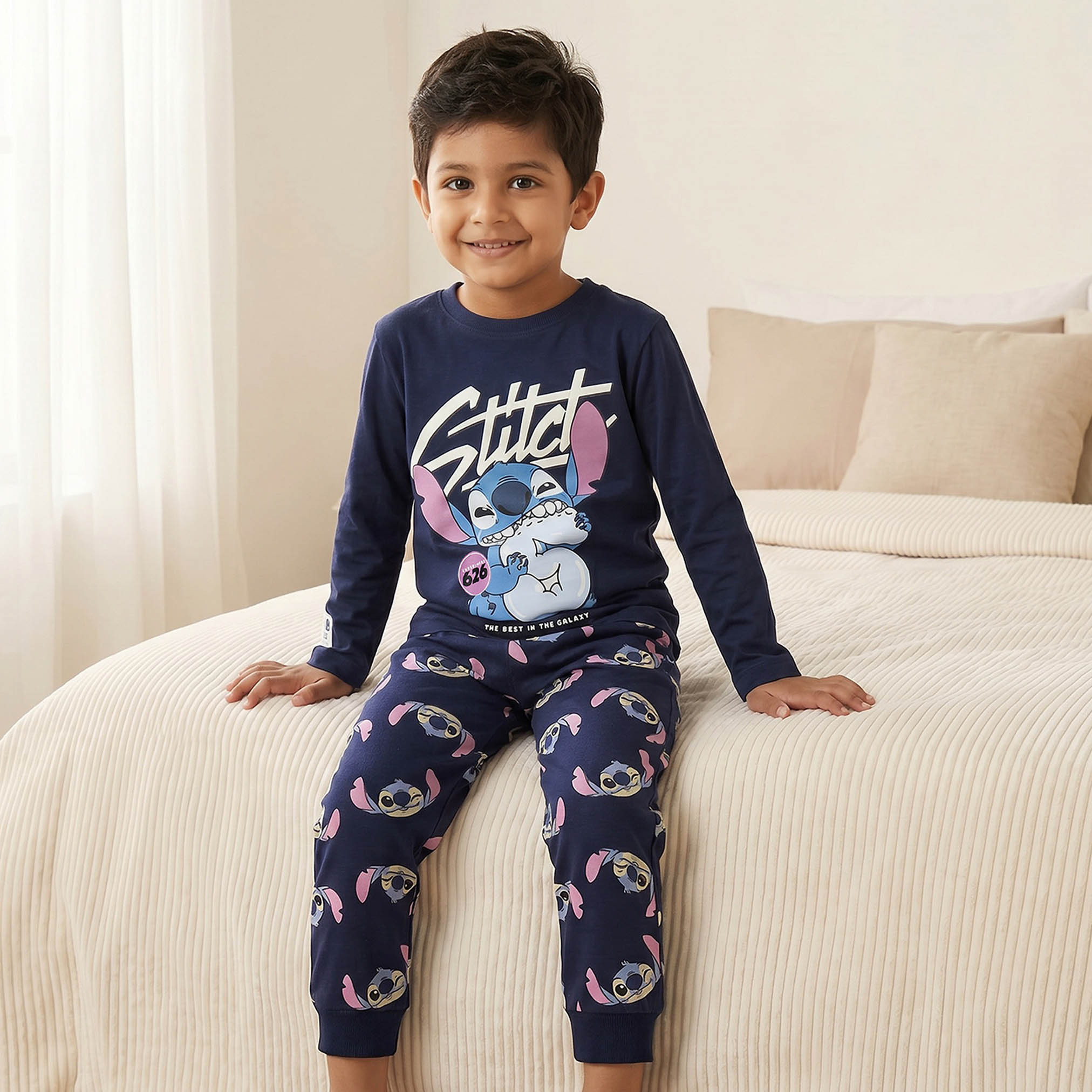 Disney Cotton Crew Neck Long Sleeves Pyjama Set with Stitch Print-boys-clothing-nightwear-image-7