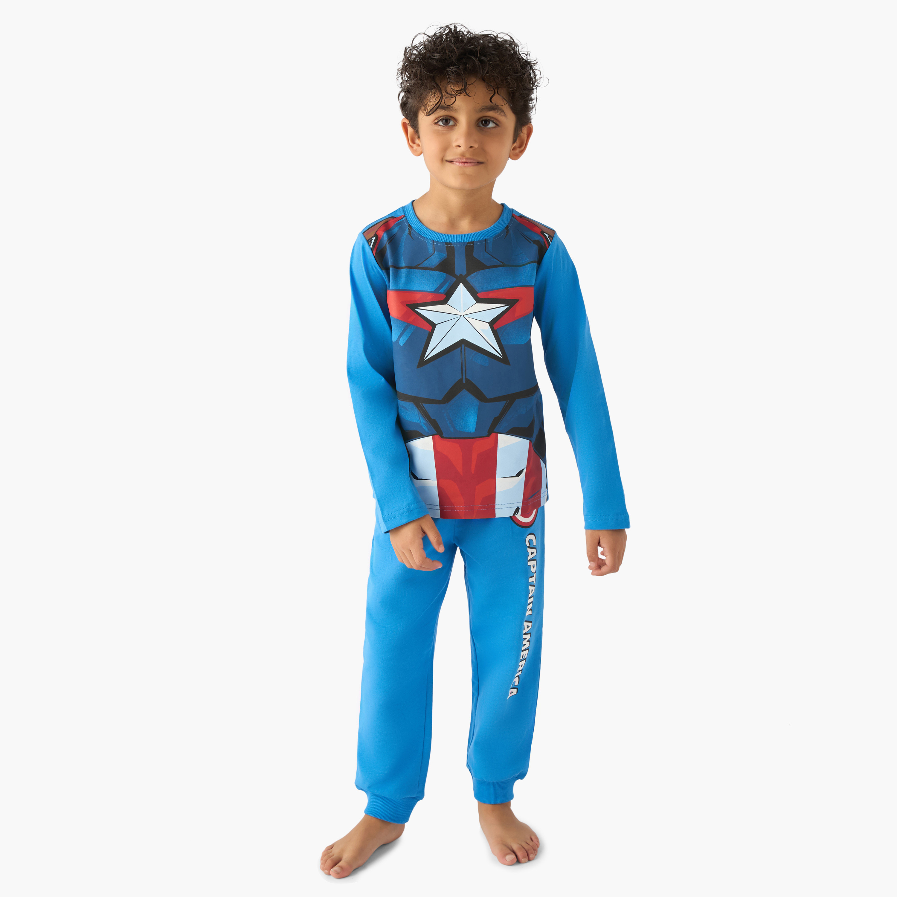 Cotton Round Neck Long Sleeves Pyjama Set with Captain America Print-boys-clothing-nightwear-image-1