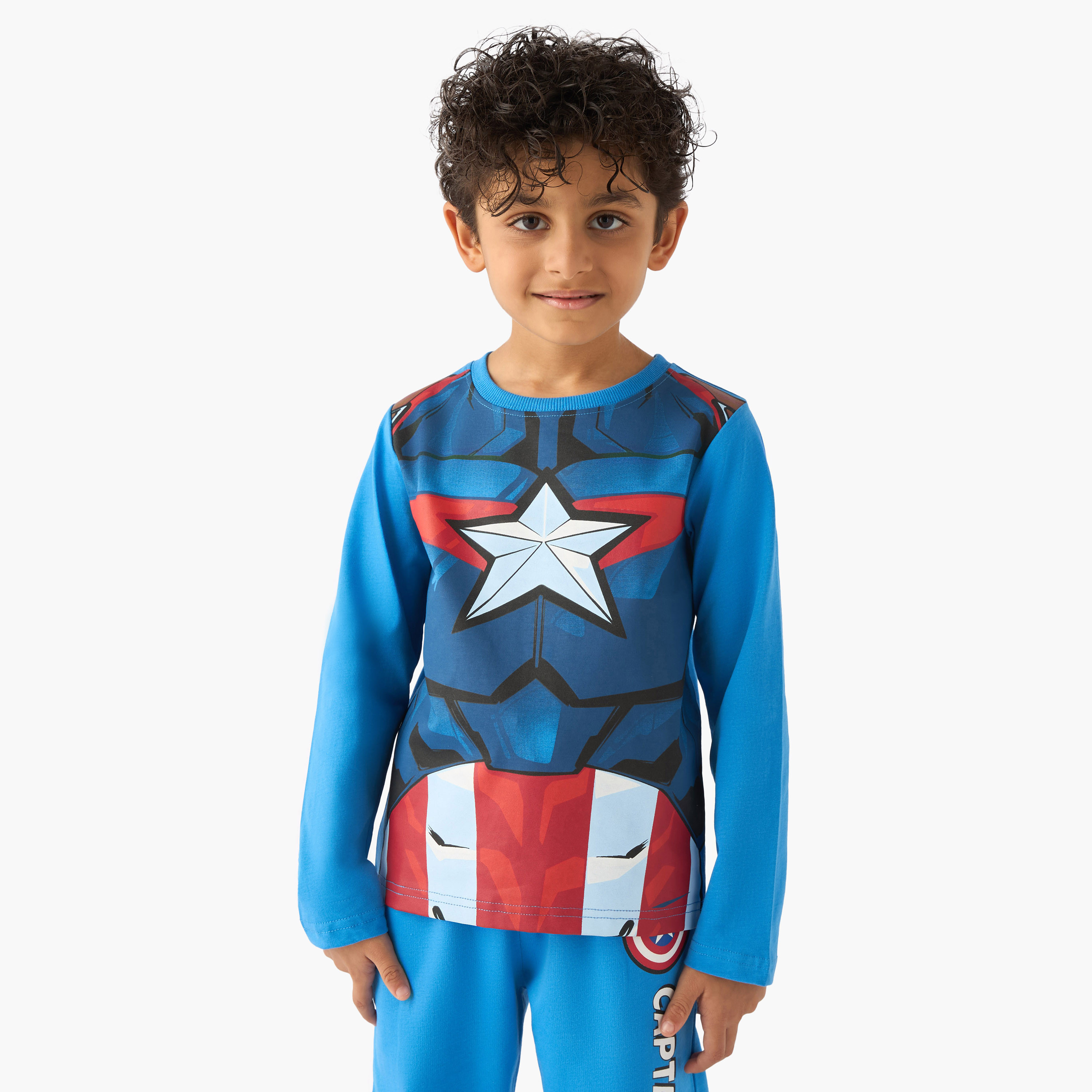Cotton Round Neck Long Sleeves Pyjama Set with Captain America Print-boys-clothing-nightwear-image-2