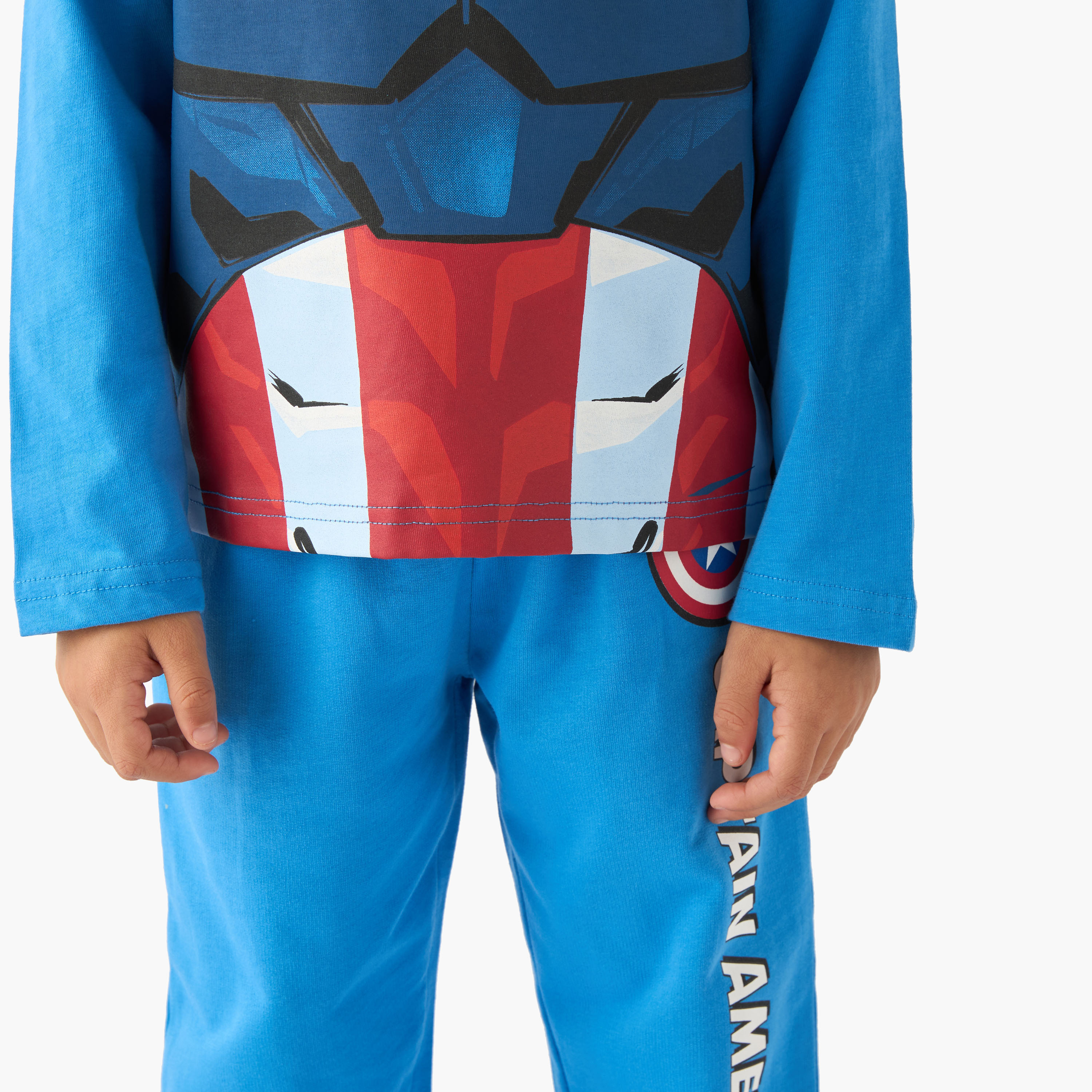 Cotton Round Neck Long Sleeves Pyjama Set with Captain America Print-boys-clothing-nightwear-image-5