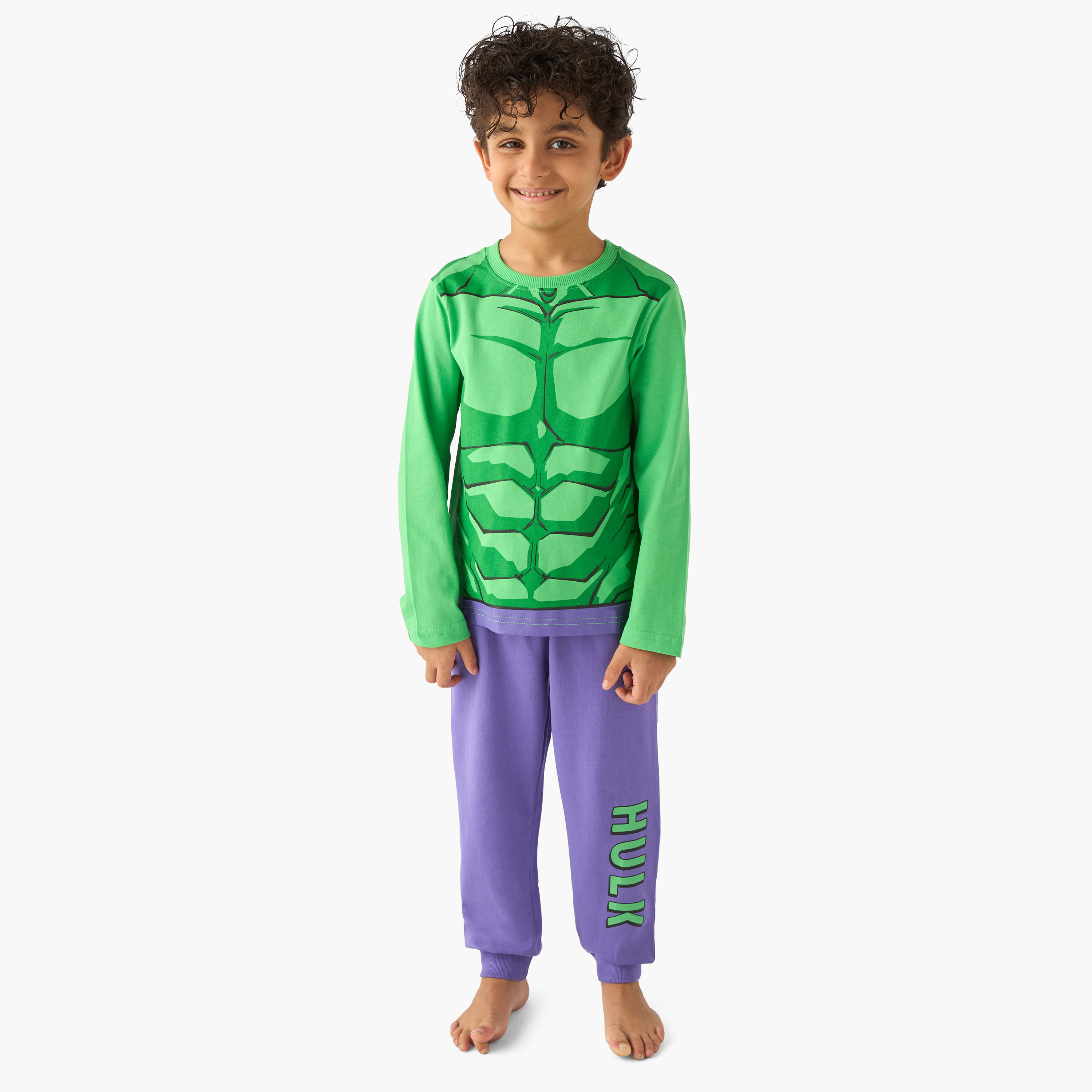 Cotton Crew Neck Long Sleeves Pyjama Set with Hulk Print-boys-clothing-nightwear-image-1