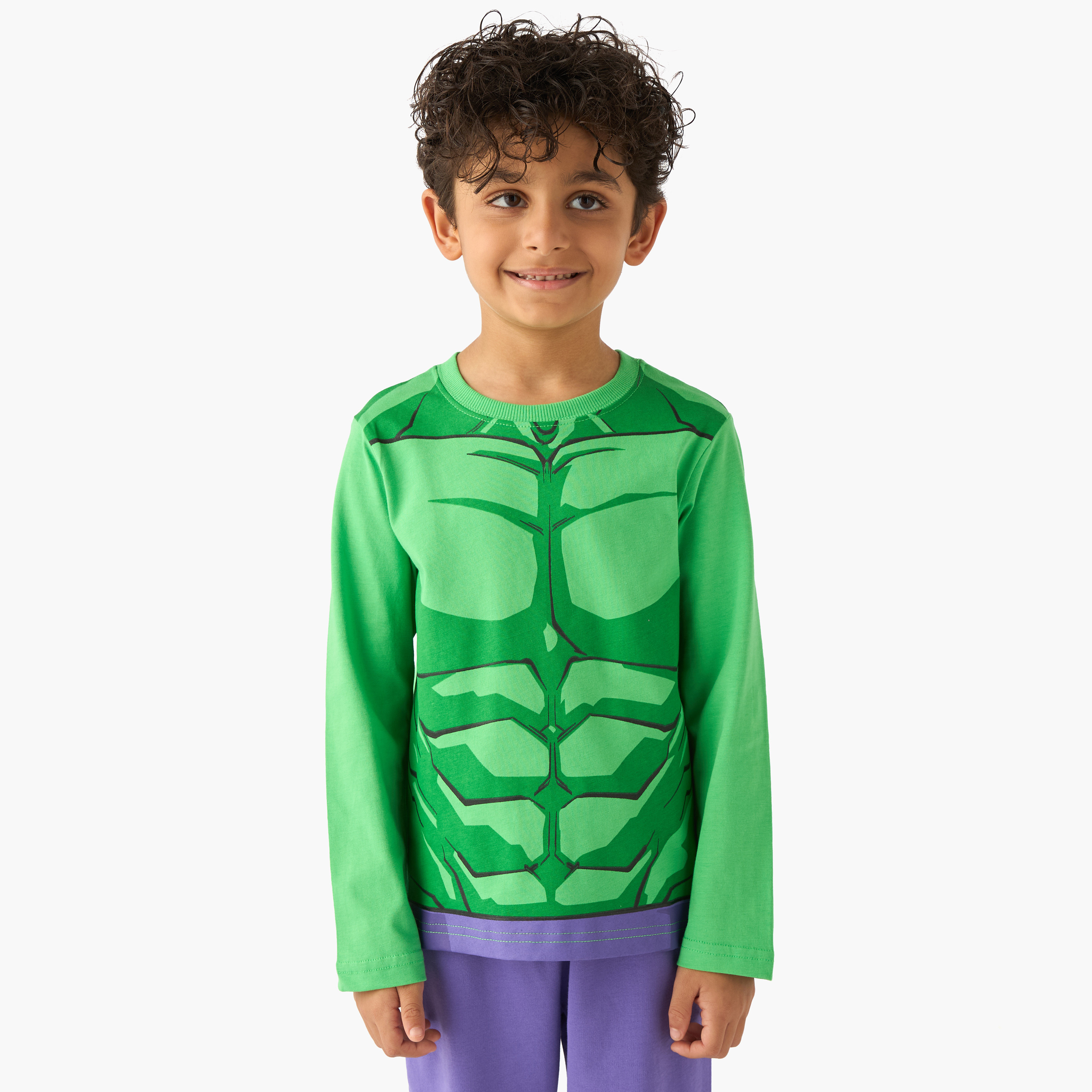 Cotton Crew Neck Long Sleeves Pyjama Set with Hulk Print-boys-clothing-nightwear-image-2