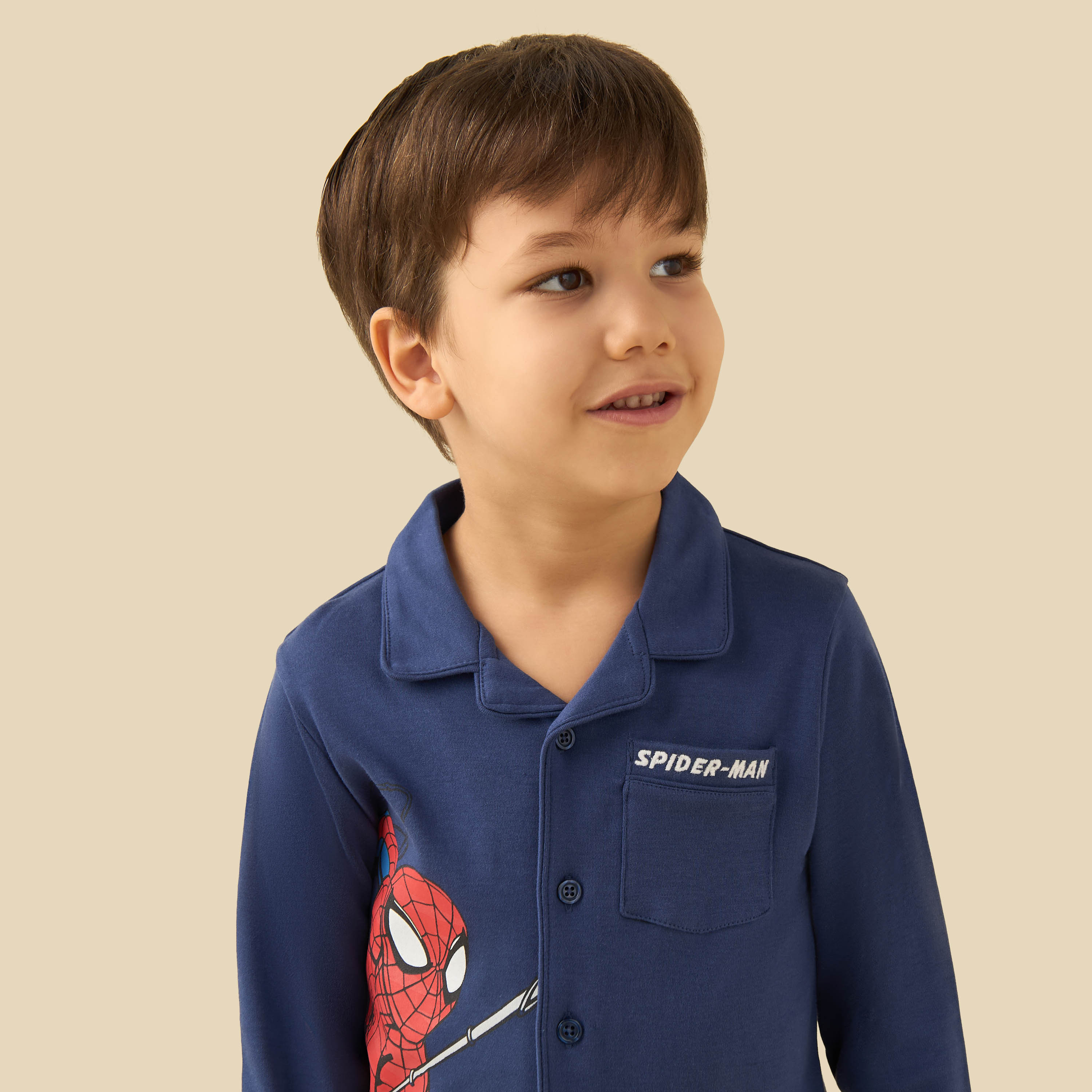 Cotton Collared Long Sleeves Pyjama Set with Spider-Man Print-boys-clothing-nightwear-image-2