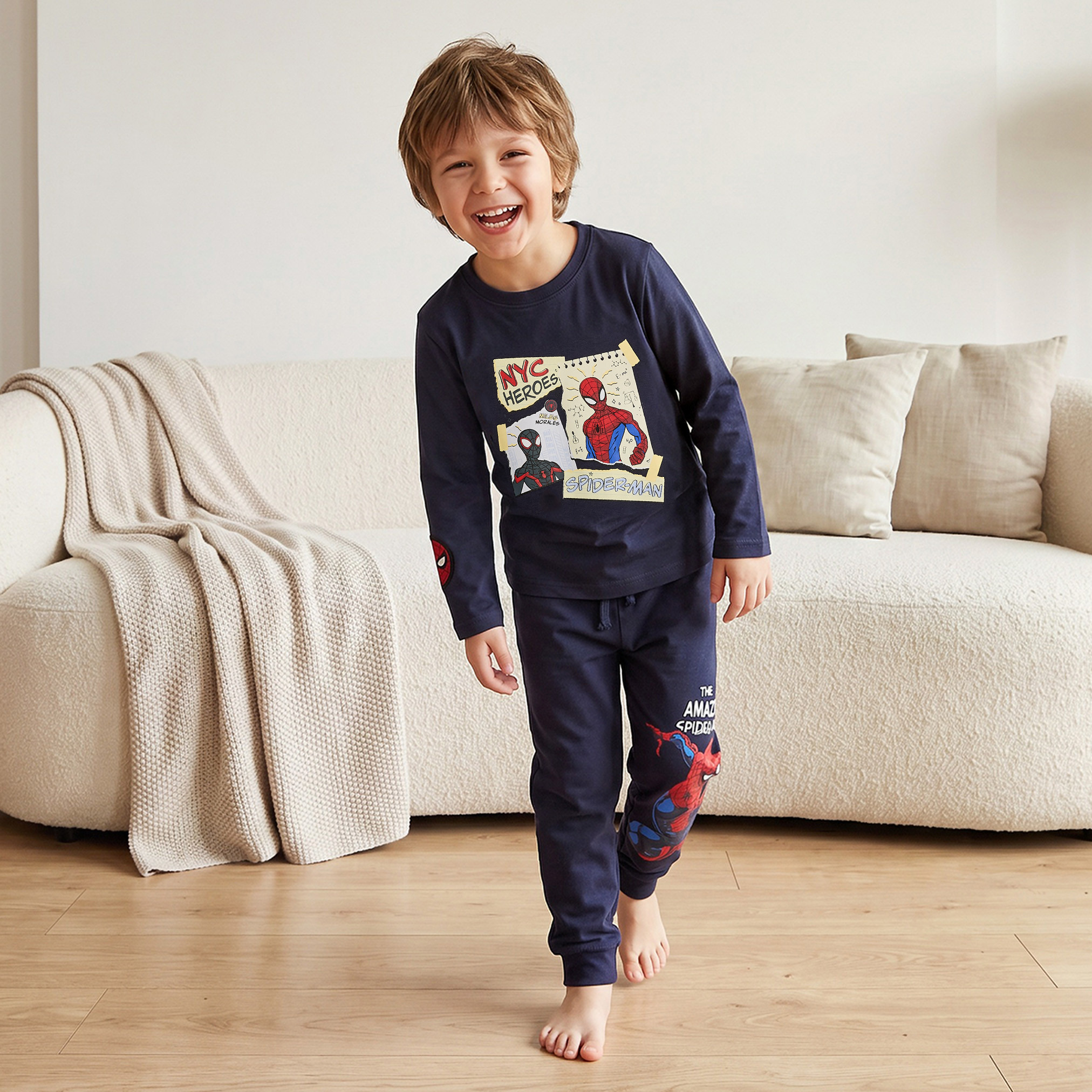 Cotton Crew Neck Long Sleeves Pyjama Set with Spider-Man Print-boys-clothing-nightwear-image-1