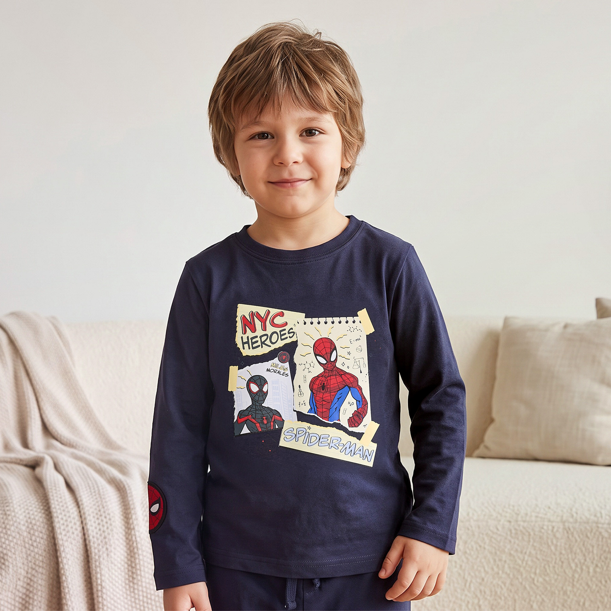 Cotton Crew Neck Long Sleeves Pyjama Set with Spider-Man Print-boys-clothing-nightwear-image-2