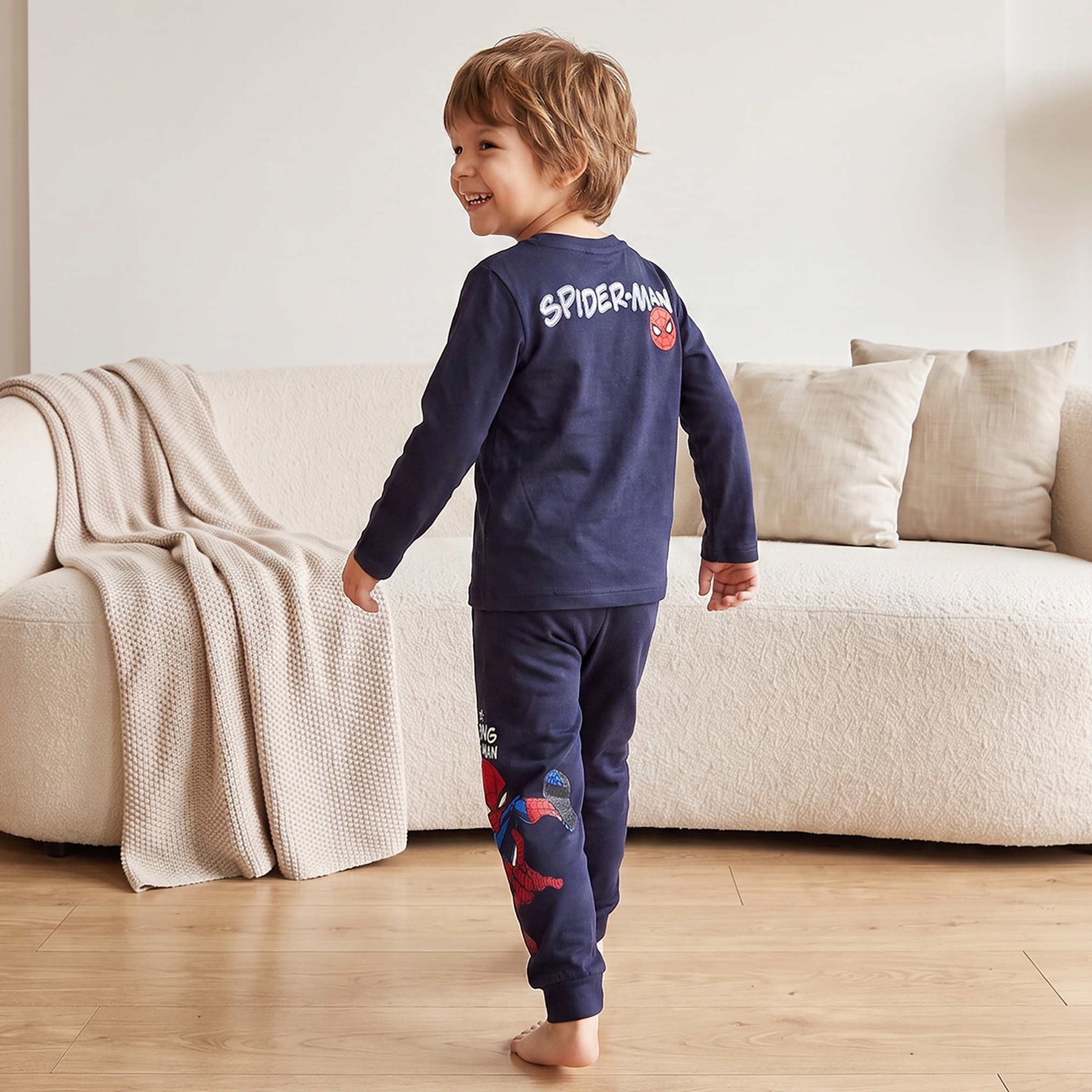 Cotton Crew Neck Long Sleeves Pyjama Set with Spider-Man Print-boys-clothing-nightwear-image-4