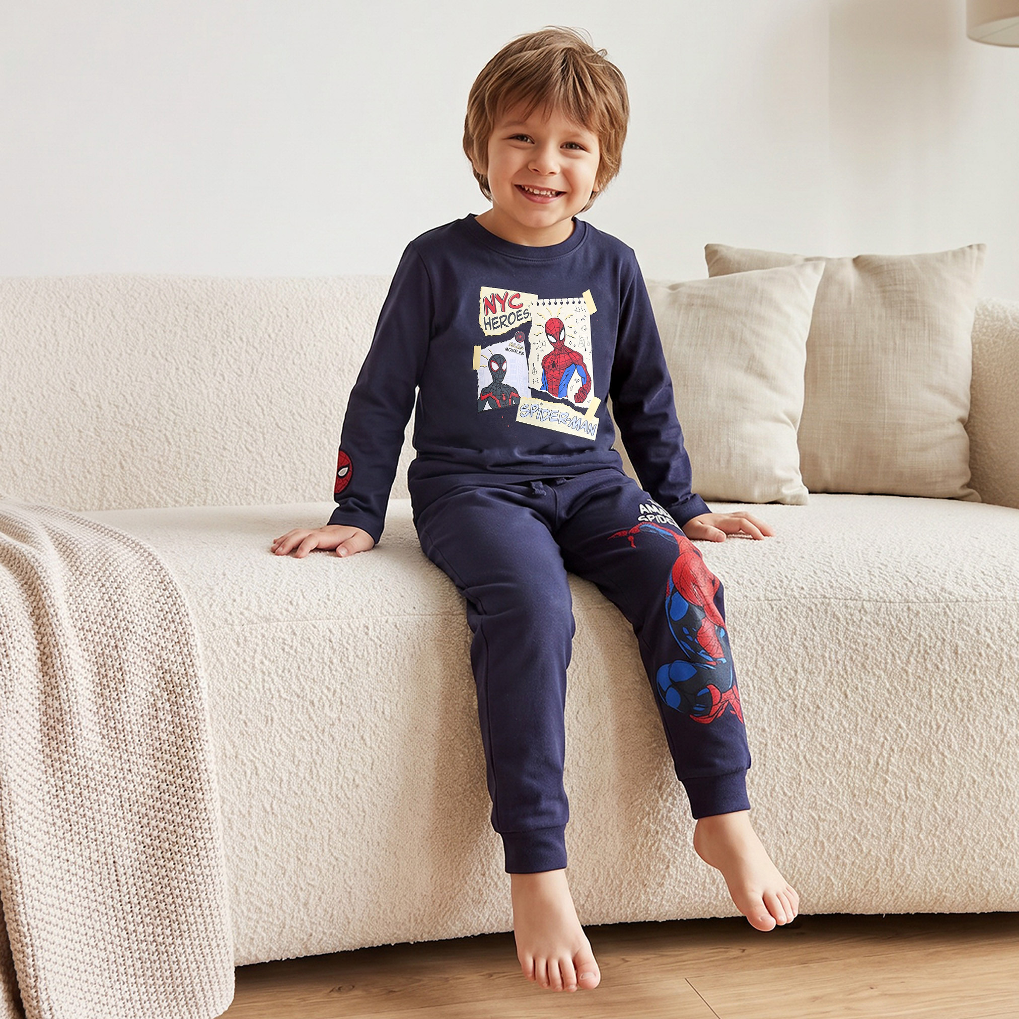 Cotton Crew Neck Long Sleeves Pyjama Set with Spider-Man Print-boys-clothing-nightwear-image-7