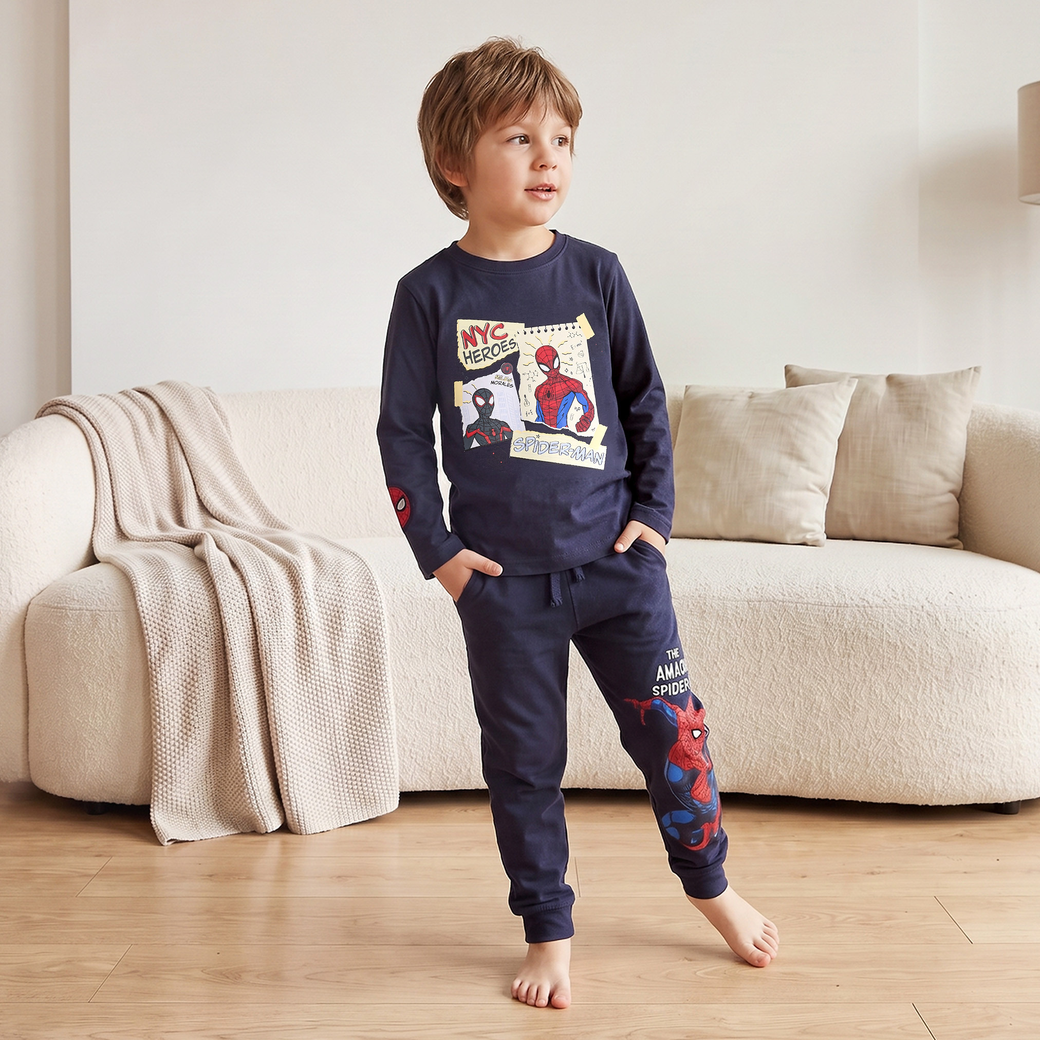 Cotton Crew Neck Long Sleeves Pyjama Set with Spider-Man Print-boys-clothing-nightwear-image-8