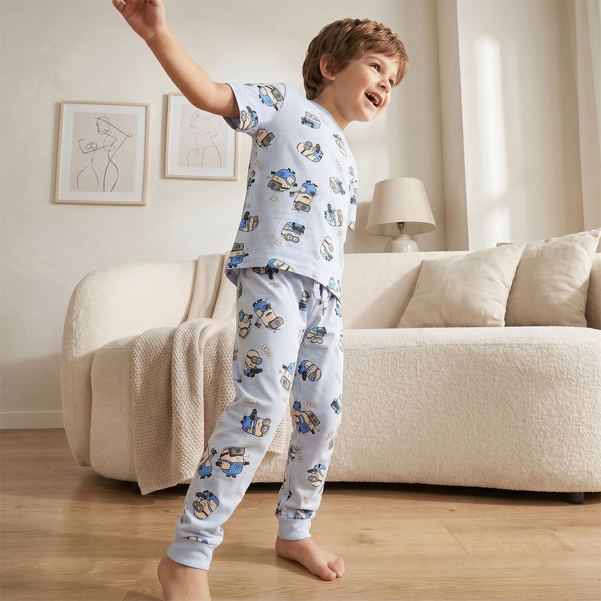 Pack of 2 Universal Cotton Crew Neck Short Sleeves Pyjama Set with Minions Print-boys-clothing-nightwear-image-10