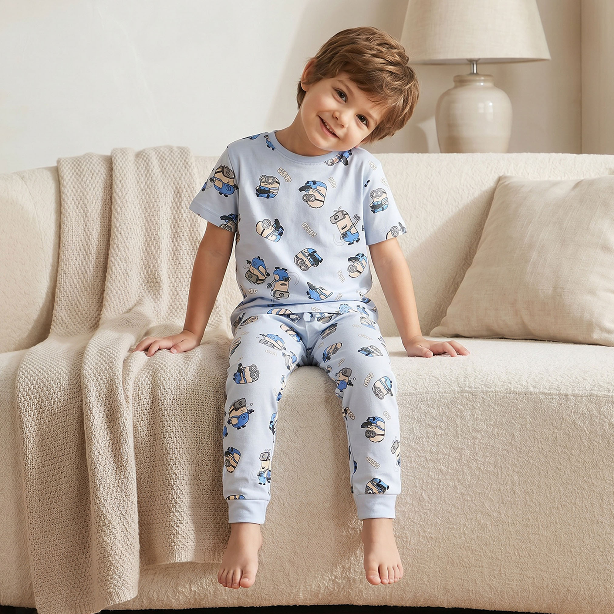 Pack of 2 Universal Cotton Crew Neck Short Sleeves Pyjama Set with Minions Print-boys-clothing-nightwear-image-9
