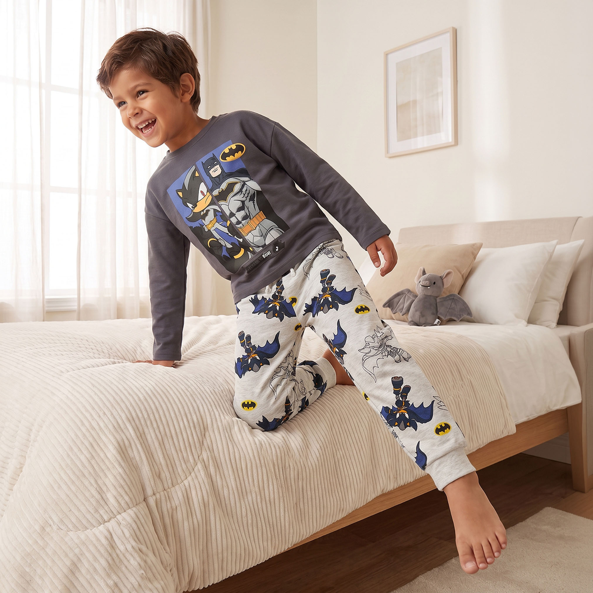 Cotton Crew Neck Long Sleeves Pyjama Set with Batman Print-boys-clothing-nightwear-image-1