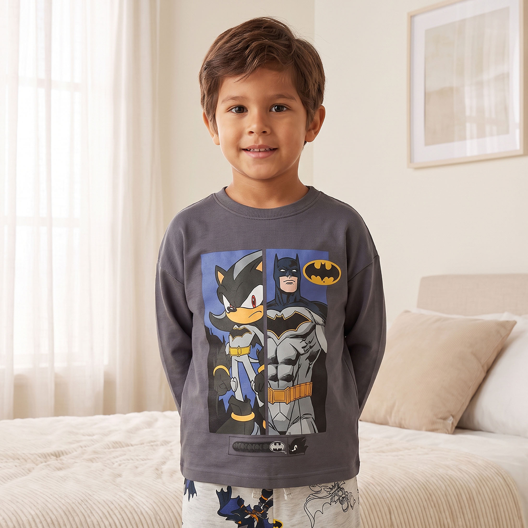 Cotton Crew Neck Long Sleeves Pyjama Set with Batman Print-boys-clothing-nightwear-image-2