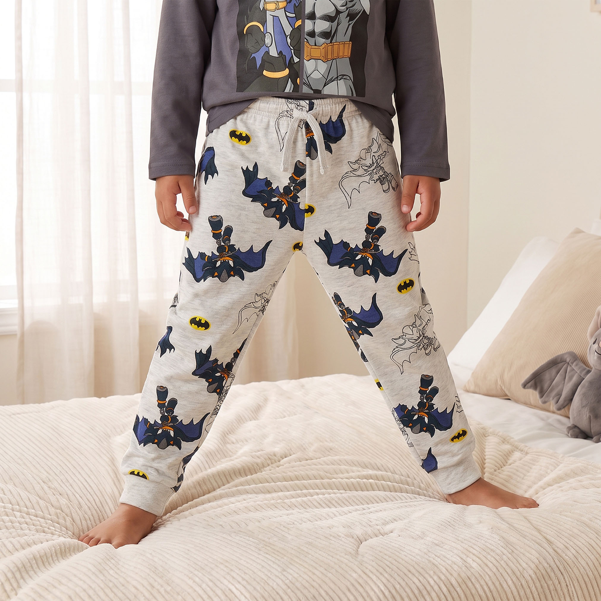 Cotton Crew Neck Long Sleeves Pyjama Set with Batman Print-boys-clothing-nightwear-image-3