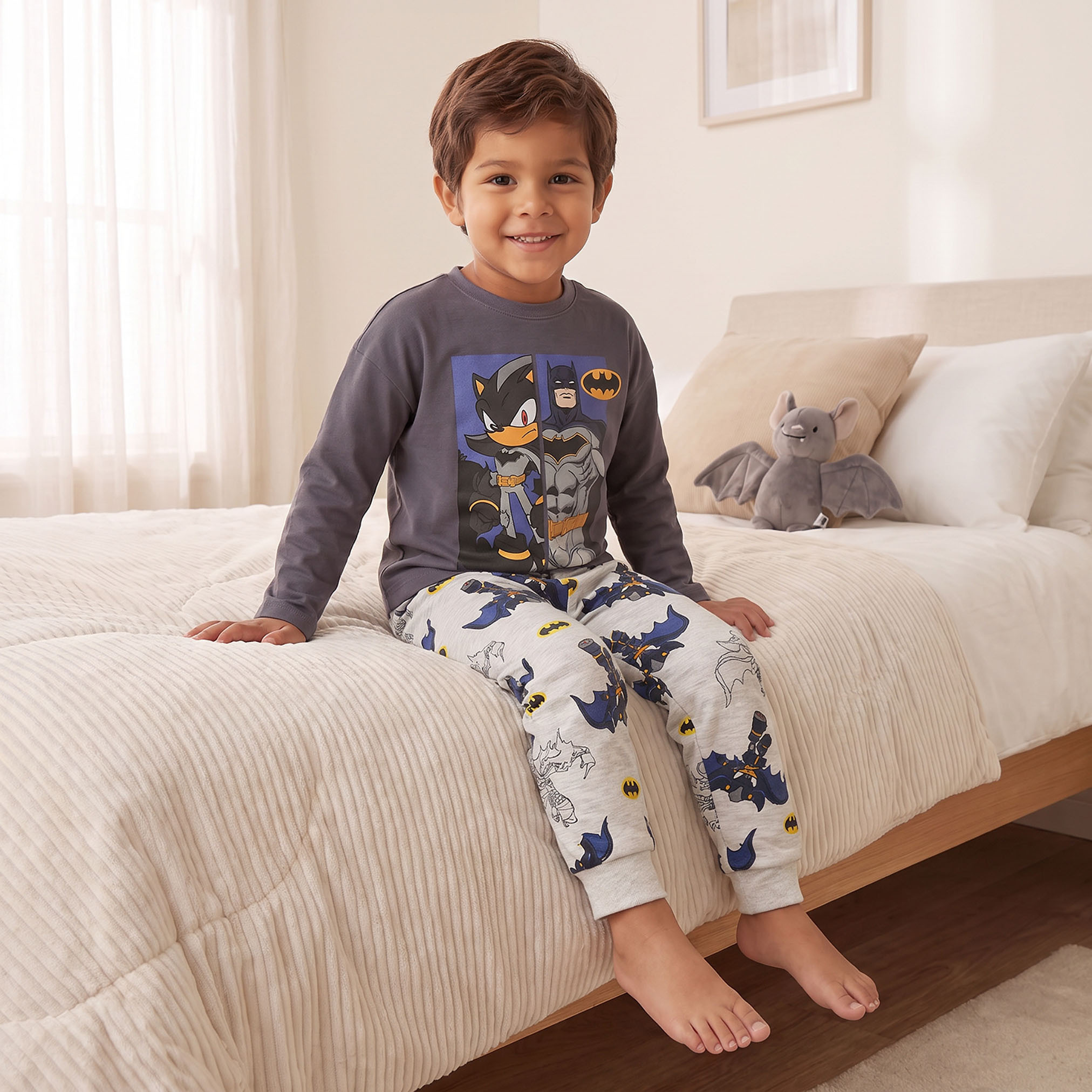 Cotton Crew Neck Long Sleeves Pyjama Set with Batman Print-boys-clothing-nightwear-image-8