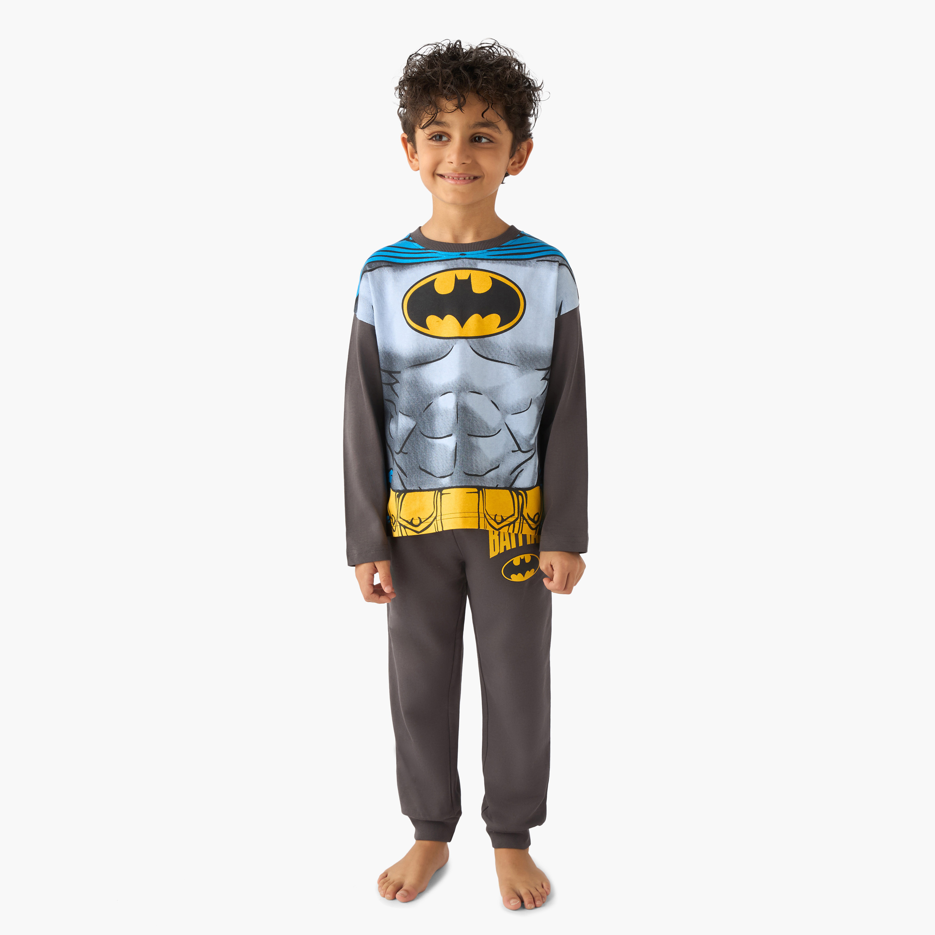 Cotton Crew Neck Long Sleeves Pyjama Set with Batman Print-boys-clothing-nightwear-image-1