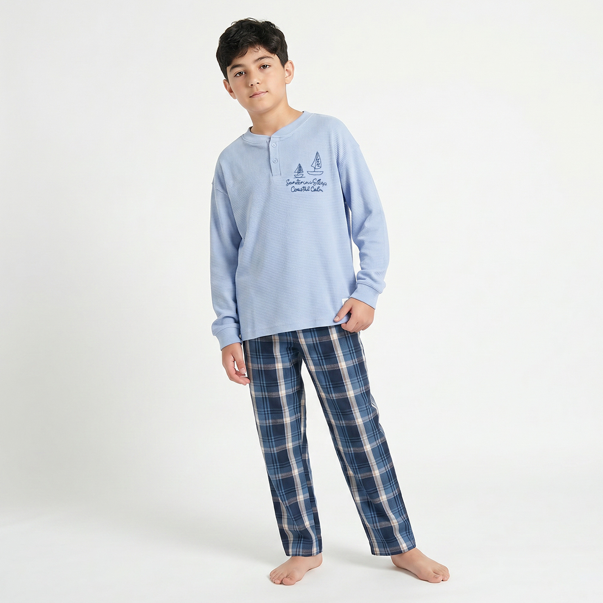 Juniors Cotton Mandarin Collar Long Sleeves Pyjama Set with Nautical Embroidery-boys-clothing-nightwear-image-1