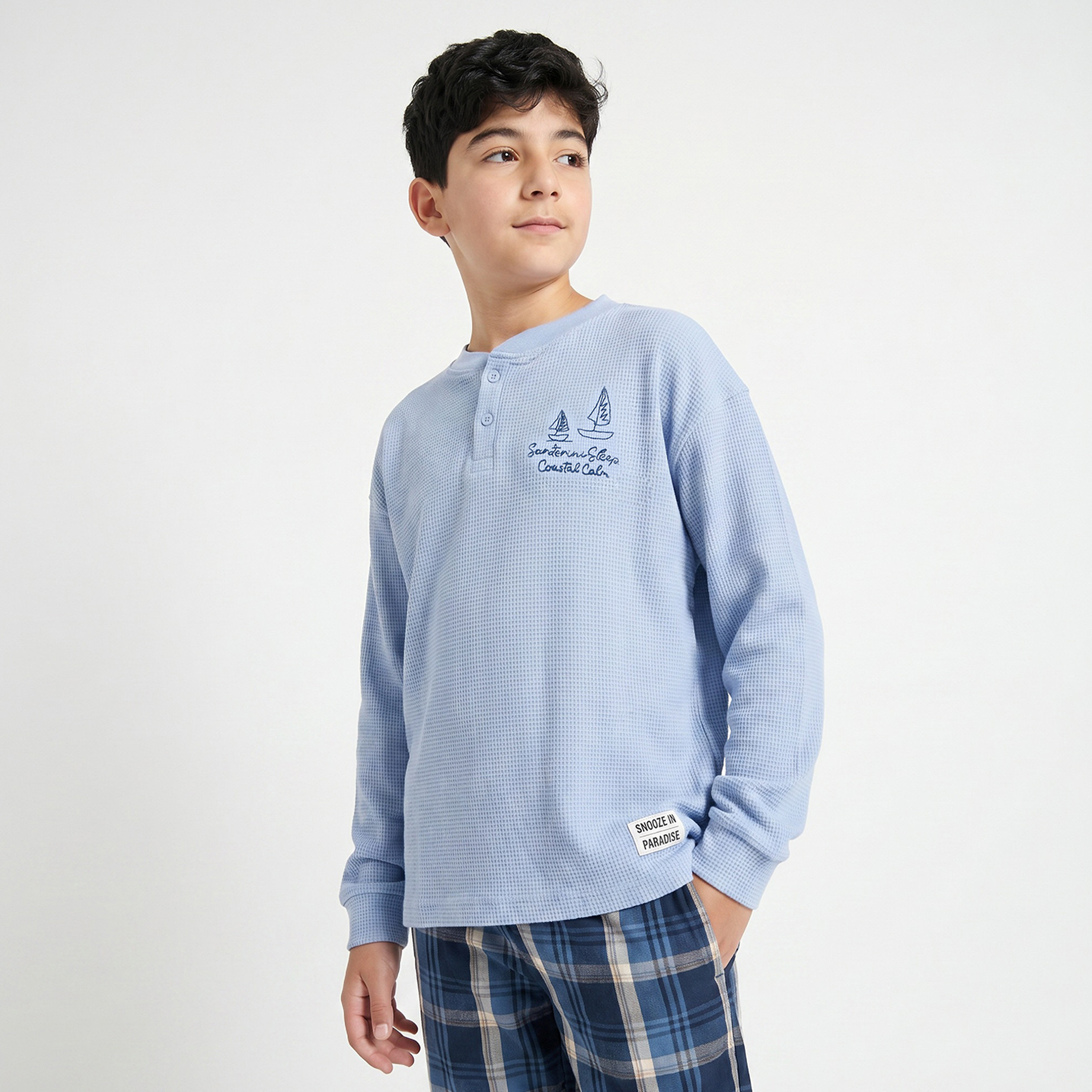 Juniors Cotton Mandarin Collar Long Sleeves Pyjama Set with Nautical Embroidery-boys-clothing-nightwear-image-2