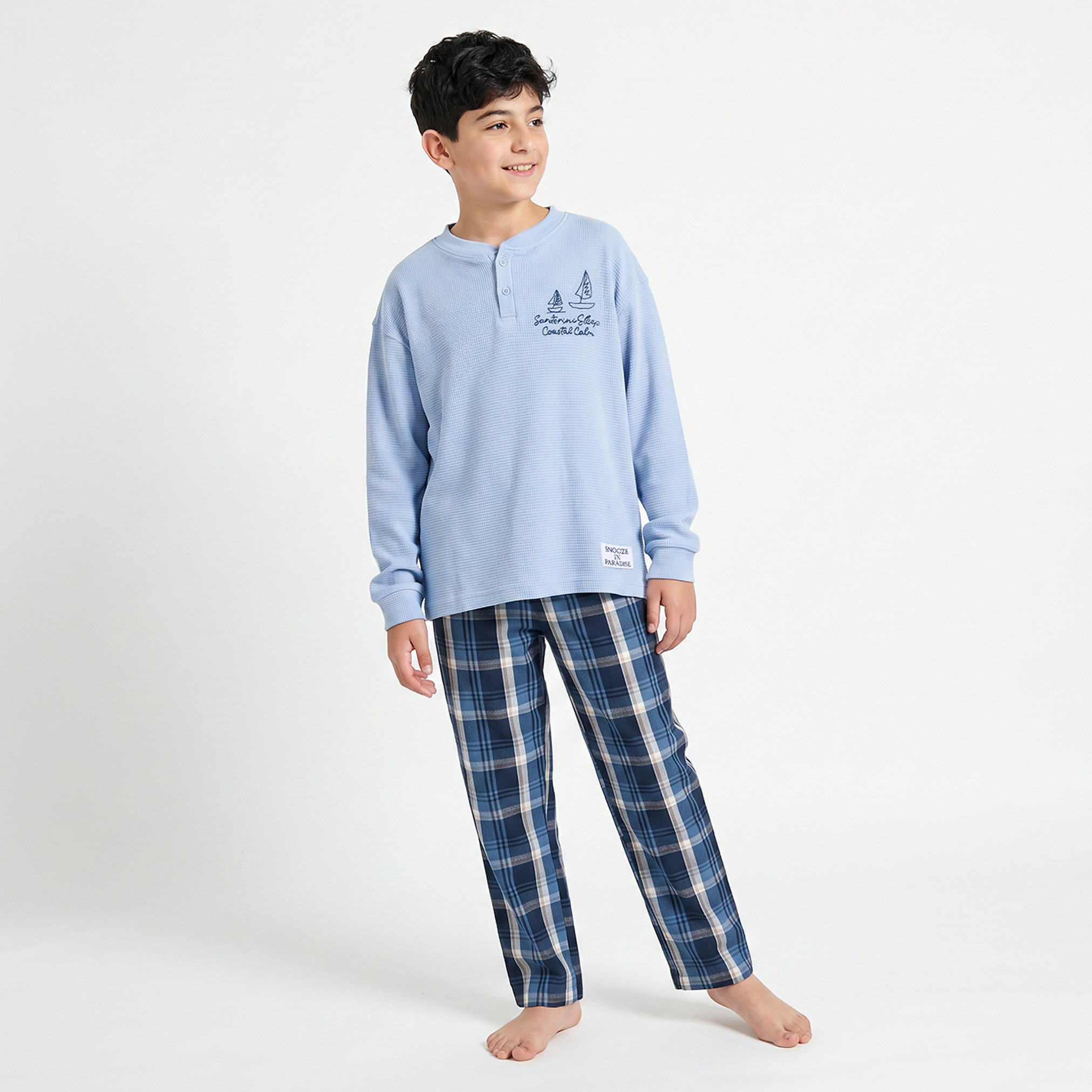Juniors Cotton Mandarin Collar Long Sleeves Pyjama Set with Nautical Embroidery-boys-clothing-nightwear-image-7