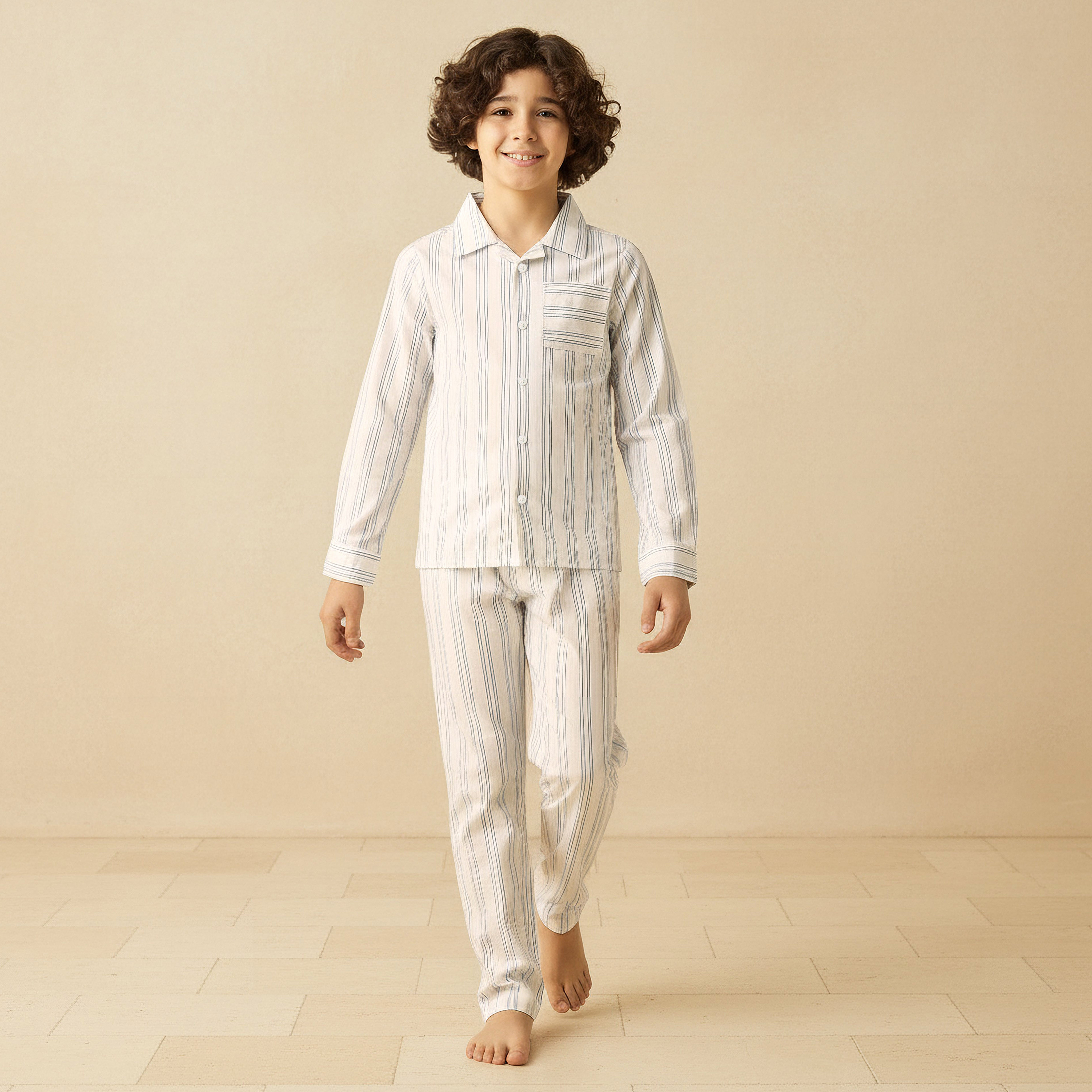 Juniors Cotton Camp Collar Long Sleeve Pyjama Set with Stripes-boys-clothing-nightwear-image-1