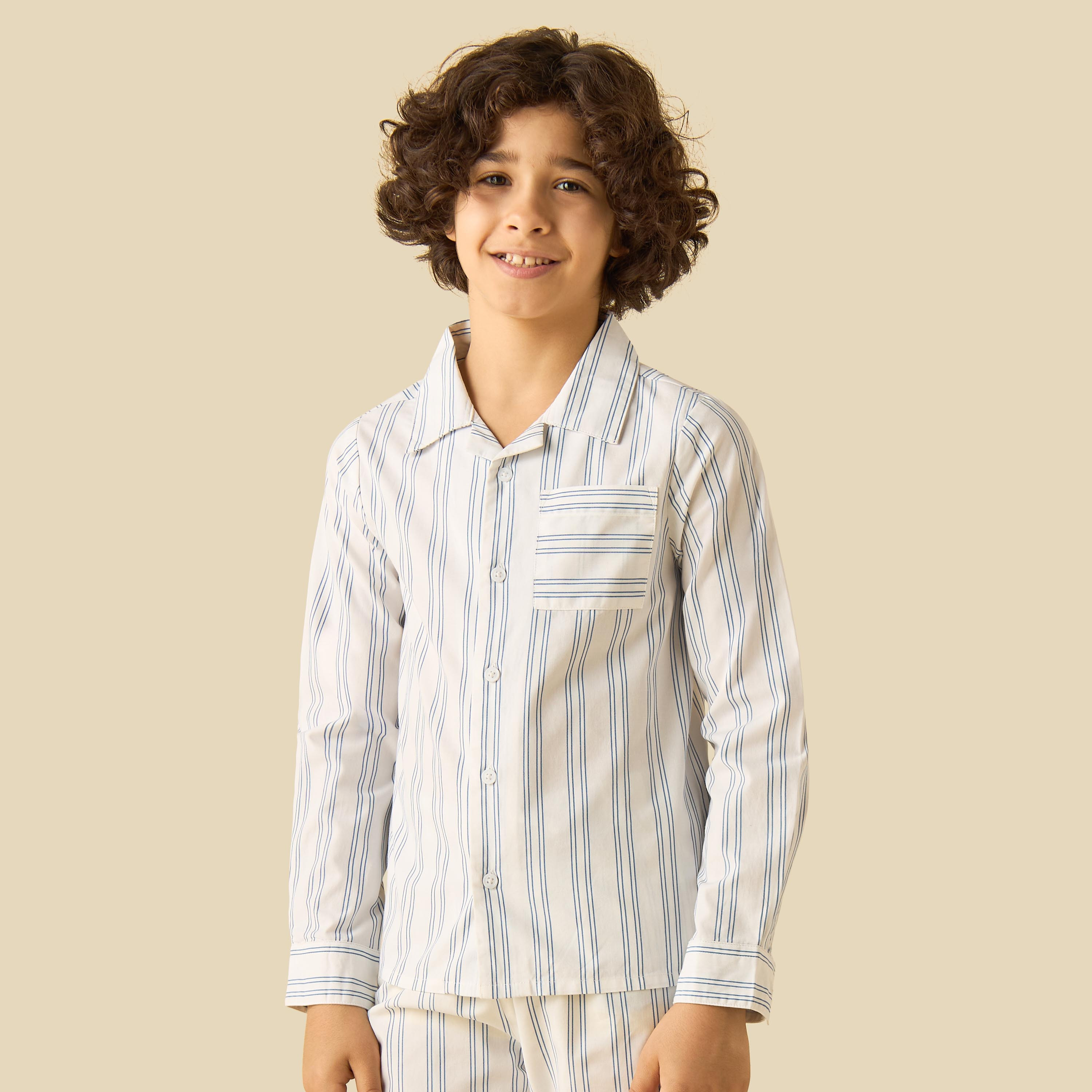 Juniors Cotton Camp Collar Long Sleeve Pyjama Set with Stripes-boys-clothing-nightwear-image-2