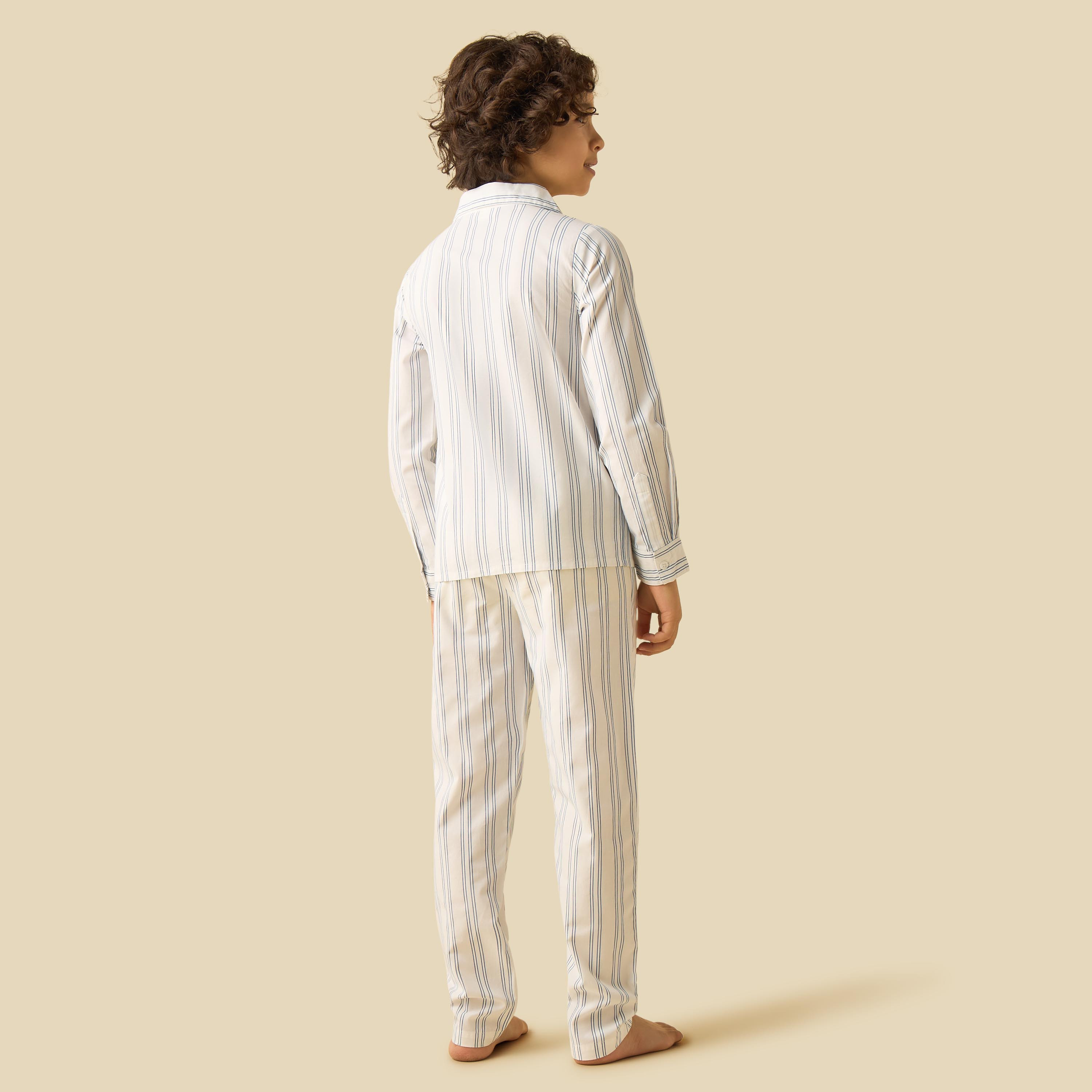 Juniors Cotton Camp Collar Long Sleeve Pyjama Set with Stripes-boys-clothing-nightwear-image-4