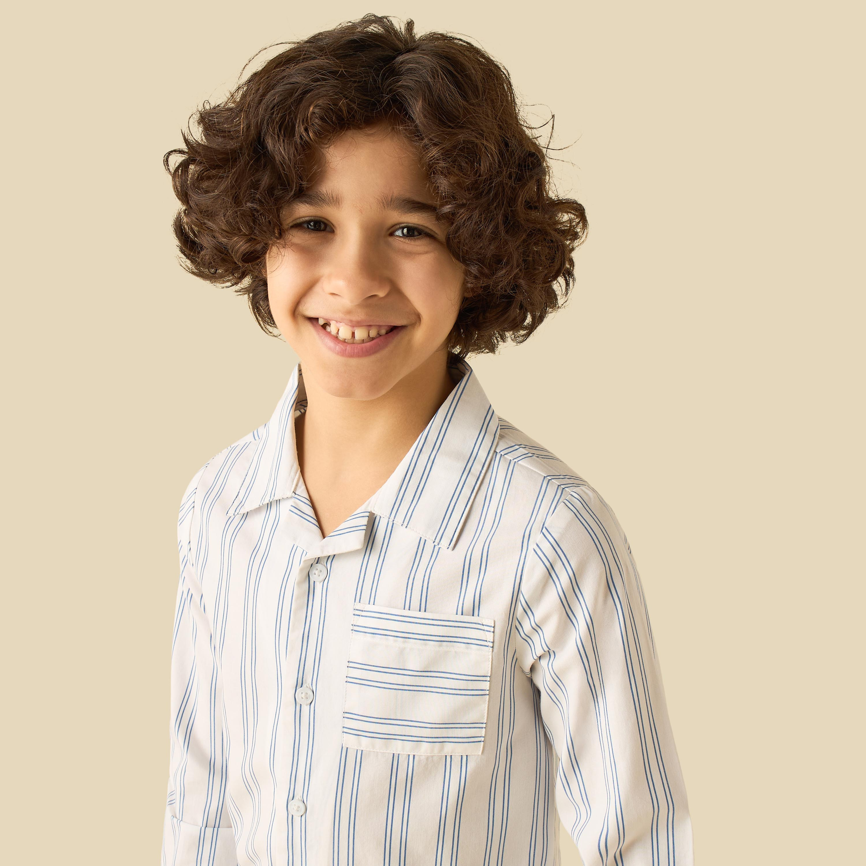 Juniors Cotton Camp Collar Long Sleeve Pyjama Set with Stripes-boys-clothing-nightwear-image-5