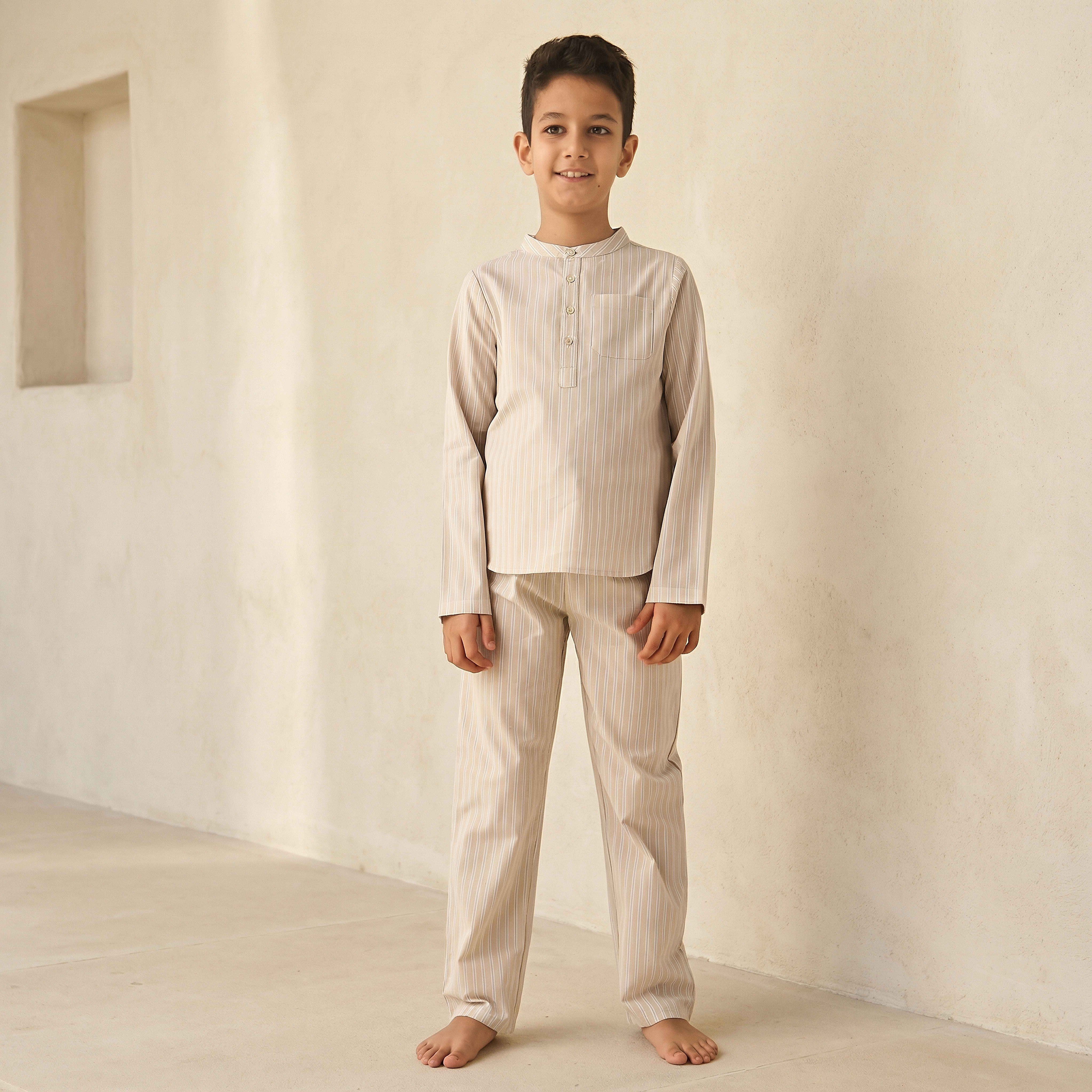 Juniors Cotton Mandarin Collar Long Sleeves Pyjama Set with Stripes-boys-clothing-nightwear-image-1