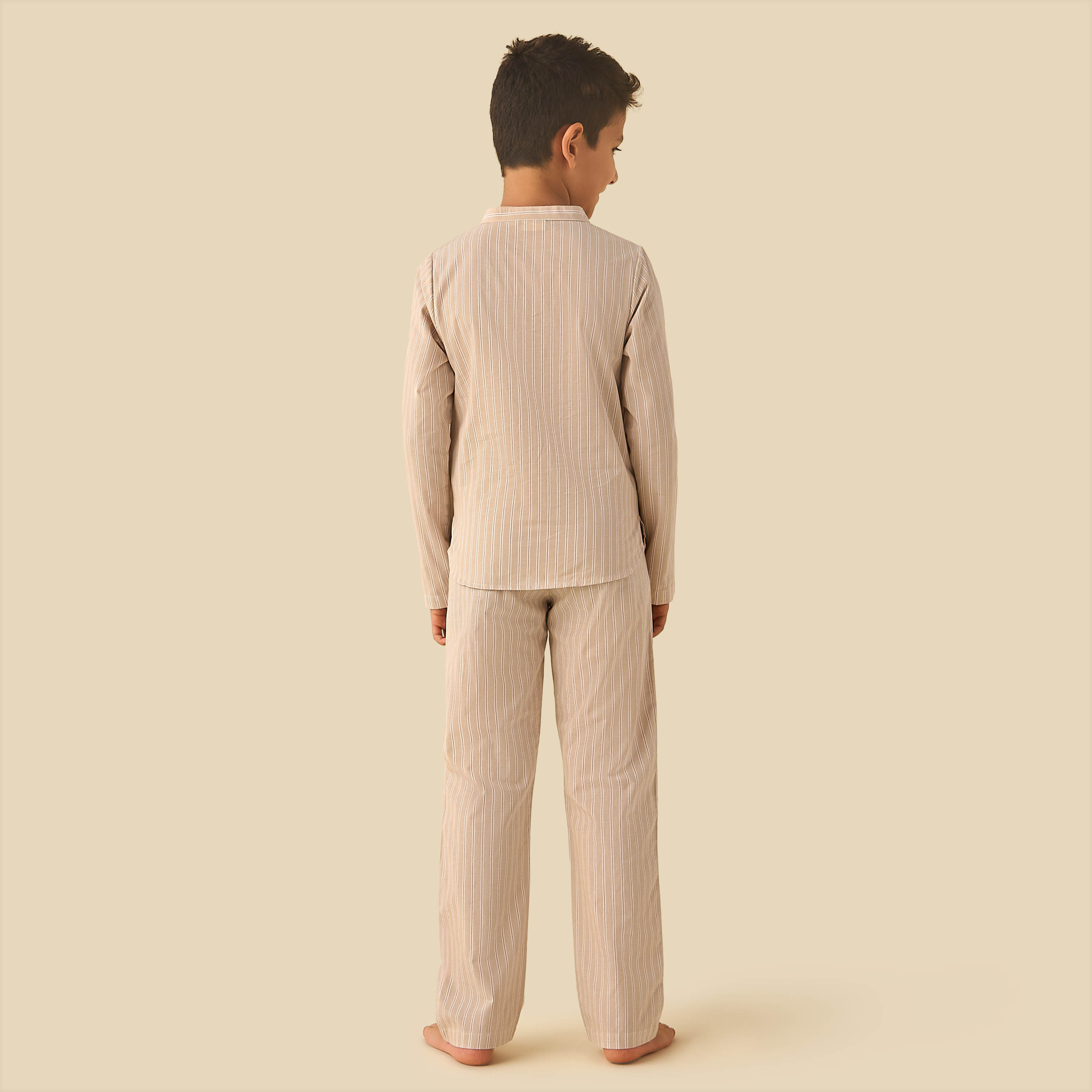 Juniors Cotton Mandarin Collar Long Sleeves Pyjama Set with Stripes-boys-clothing-nightwear-image-2