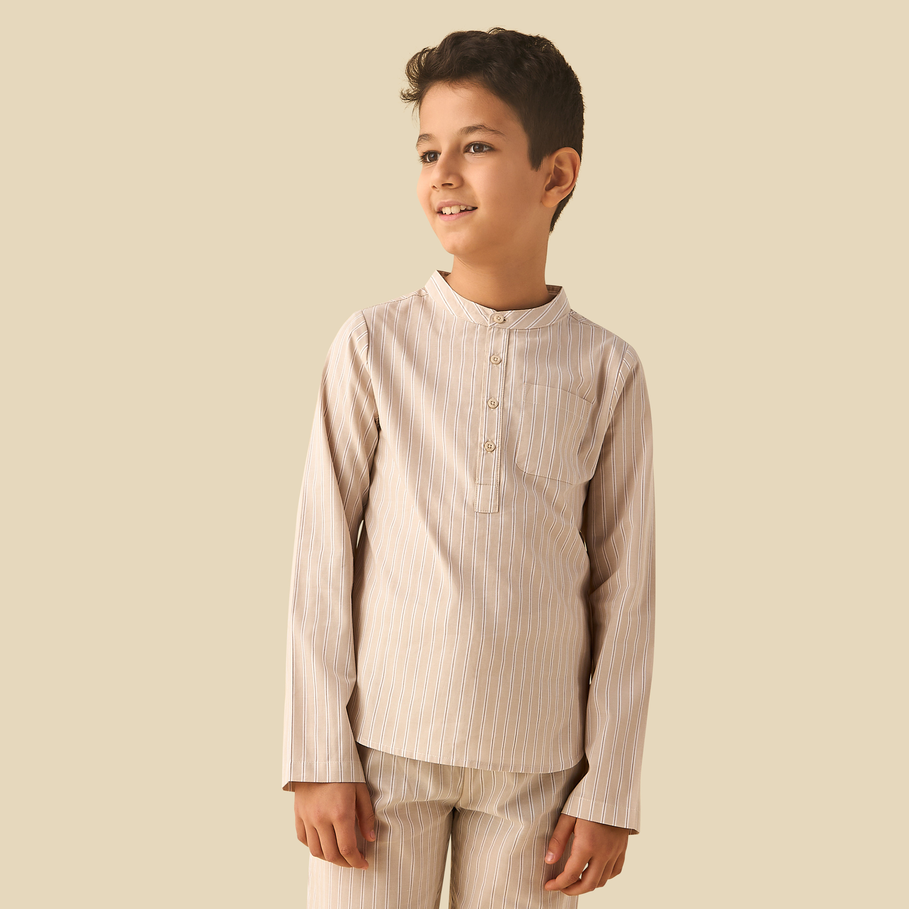 Juniors Cotton Mandarin Collar Long Sleeves Pyjama Set with Stripes-boys-clothing-nightwear-image-3
