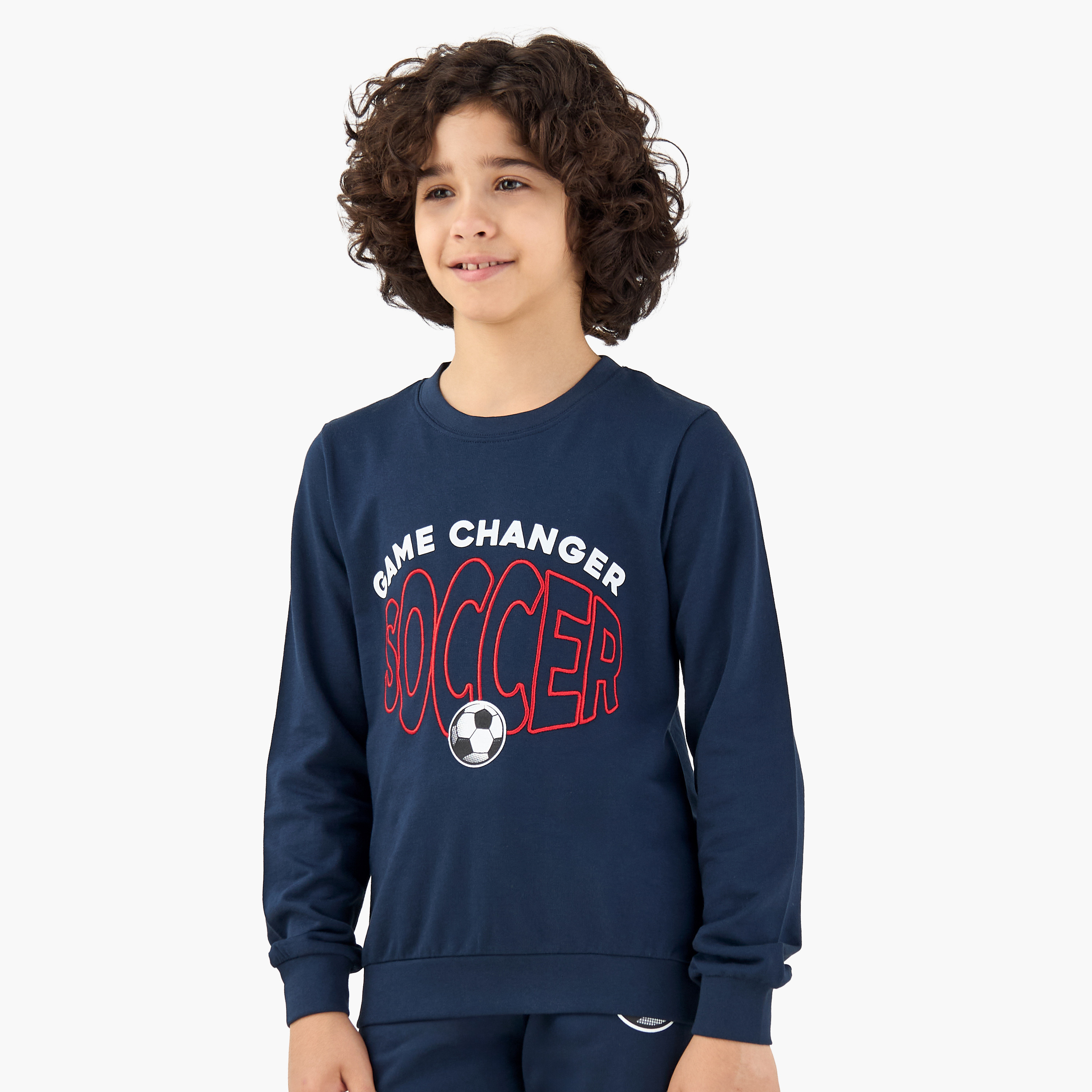 Juniors Cotton Round Neck Long Sleeves Pyjama Set with Soccer Print-boys-clothing-nightwear-image-2